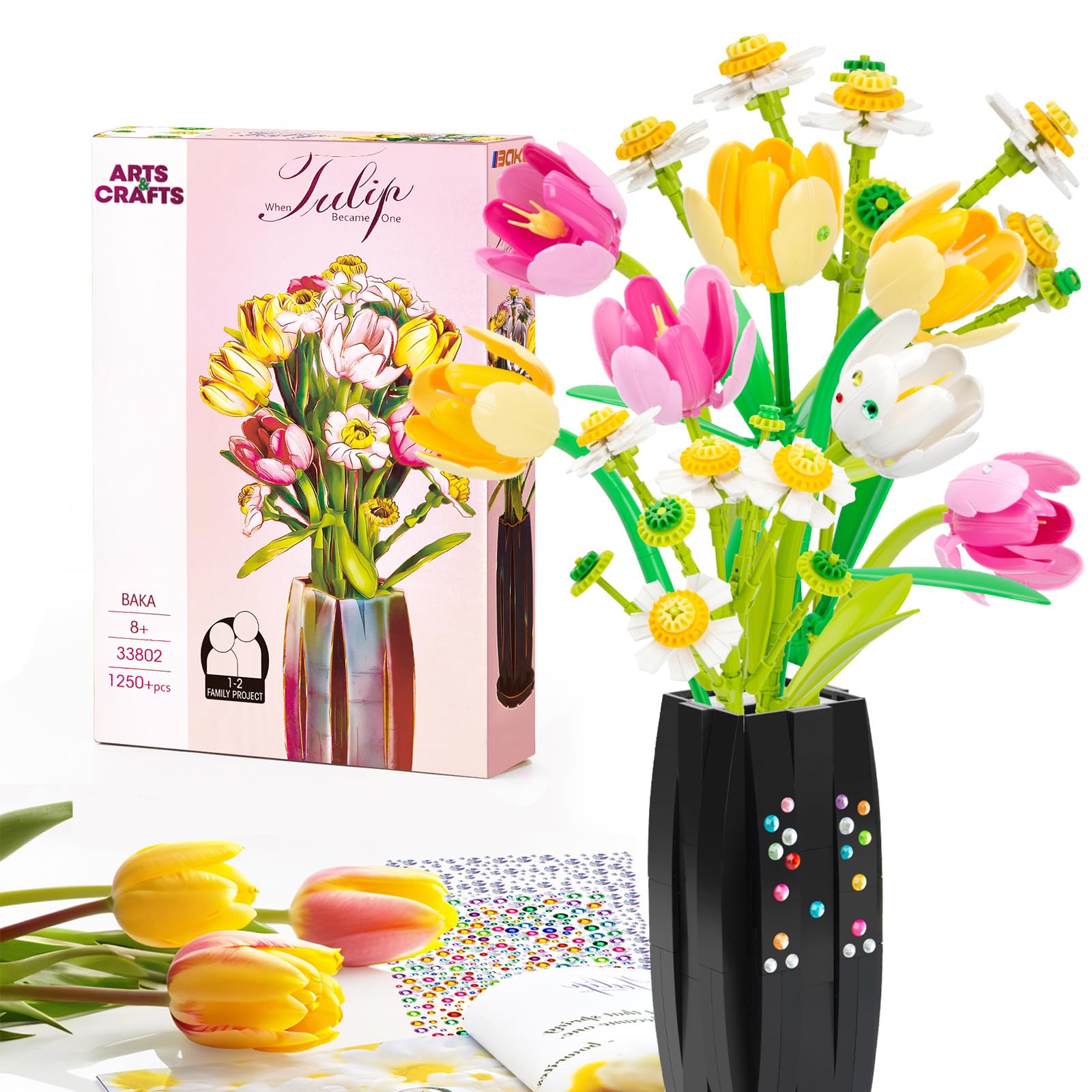 PASONOMI Tulipanes, bloques de construcción, flores, tulipanes, flores artificiales, plantas para adultos y niños, decoración del hogar, juguete botánico, día de San Valentín, mes, cumpleaños,