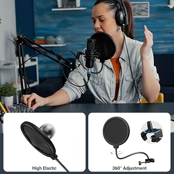 Studio Microphone Pop Filter Round Shape Mic Wind Mask Shield Screen,Mic Dual Layered Wind Pop Screen With Flexible 360° Gooseneck Clip Stabilizing Arm (bigPop Filter)