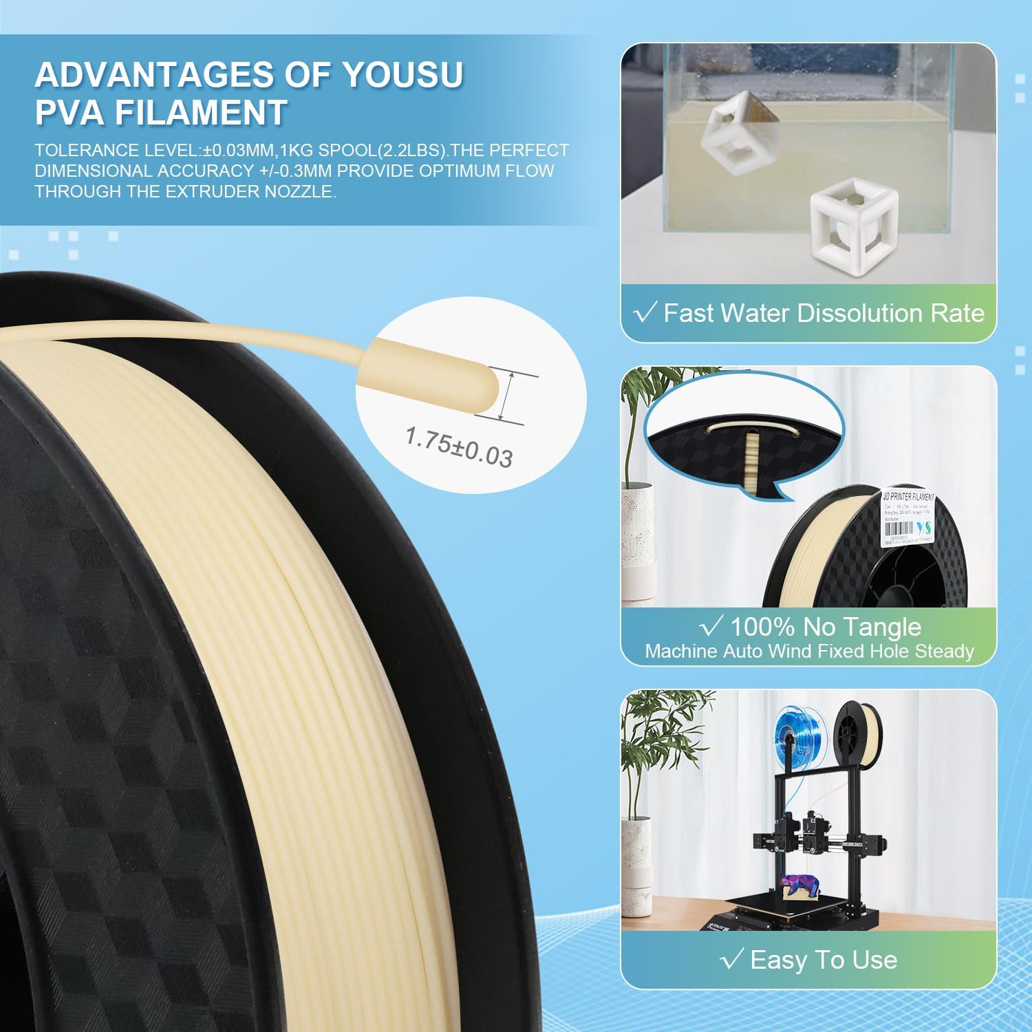 YOUSU Carbon Fiber Polypropylene 3D Printer Filament and Yousu PVA Filament 1.75mm, Water Soluble Support 3D Printer Filament