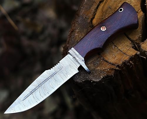 Miniatura 4 de Cuchillo de caza de Damasco hecho a mano | Cuchillo artesanal con funda de hoja fija | Cuchillo de camping con mango de madera, marrón