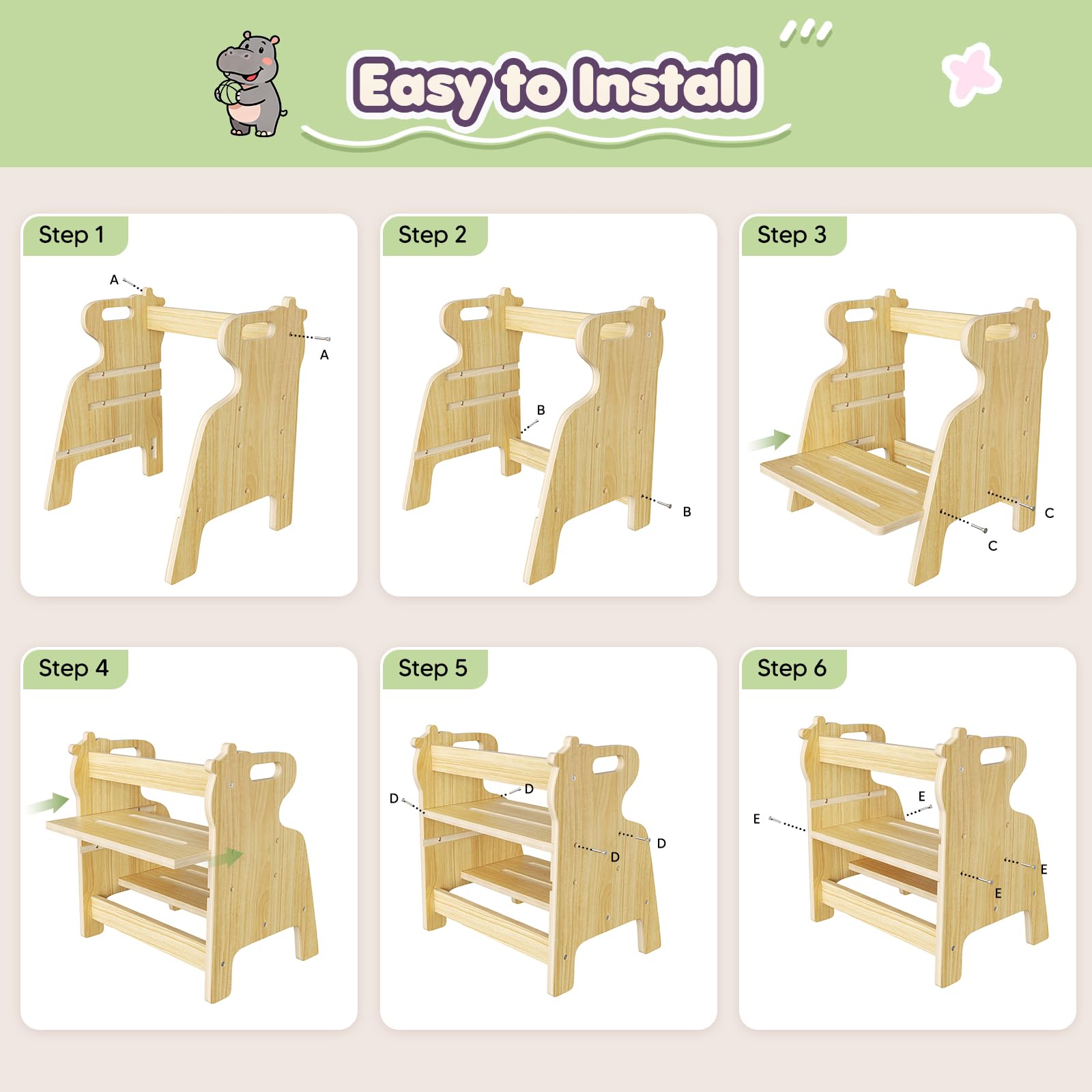 Tabouret pour Enfants à Deux Marches réglable en Bois avec Patins antidérapants
