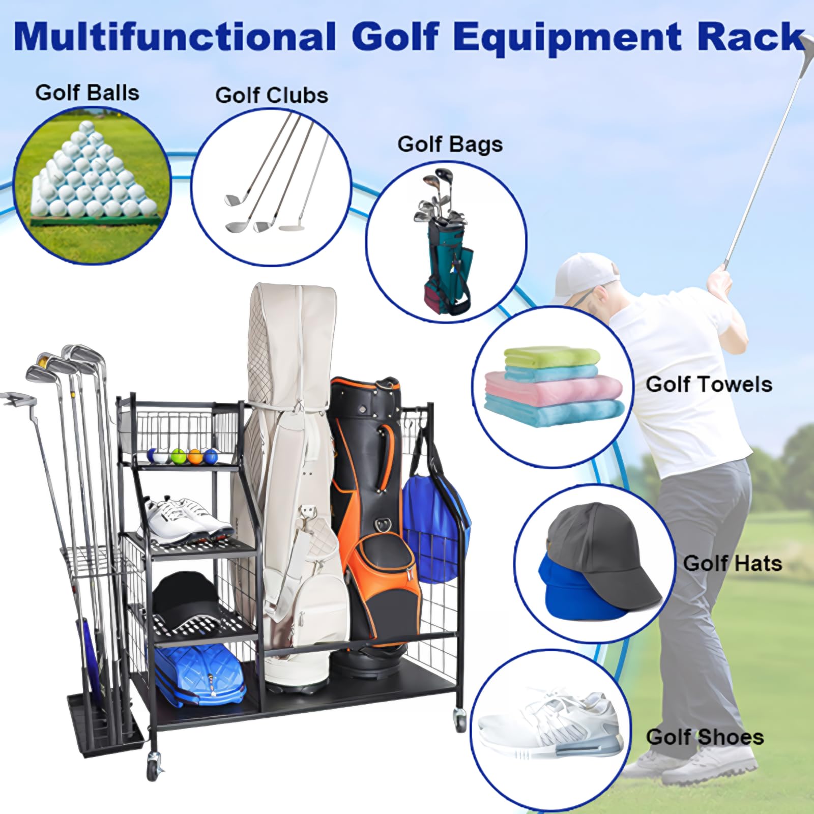 Support de rangement pour sacs de golf, organiseur de rangement avec roues verrouillables, support de rangement pour sacs de golf, clubs de golf et accessoires d'équipement de golf, pour garage