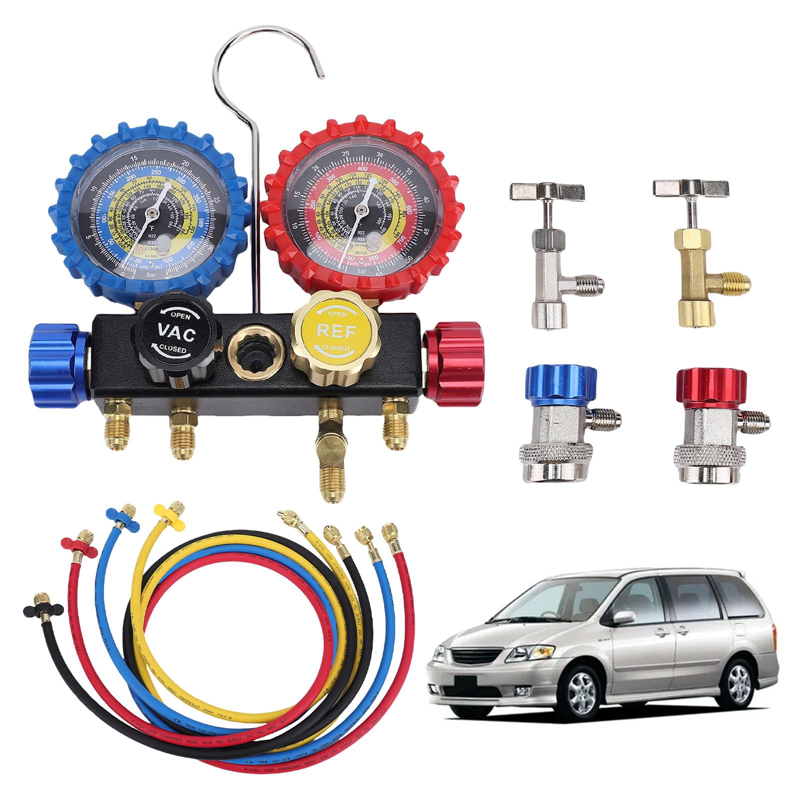 Set Manometro AC per Autoveicoli, Kit Manometro HVAC con Valvola di Sicurezza, Ottone |Elevata compatibilità con R410A R32 R134A R22, Set Completo con Flussometro, Manometri Accurati da
