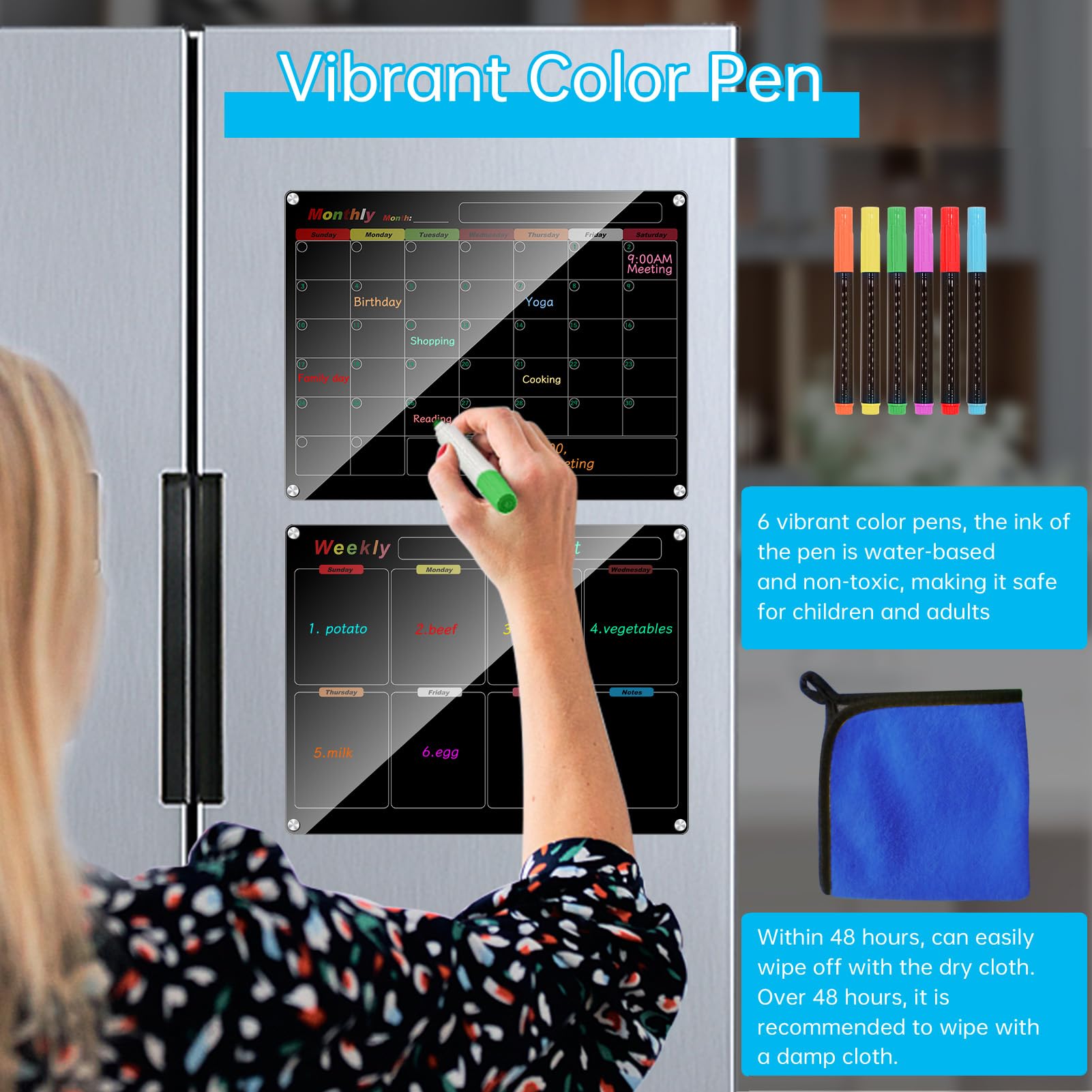 Ninyoon Calendar Meal Planner for Fridge Magnetic Acrylic Fridge Menu Dry Erase Board with 6 Markers 1 Holder 12 Hanging Hardware 12 Gaskets 1 Towel - Image 4