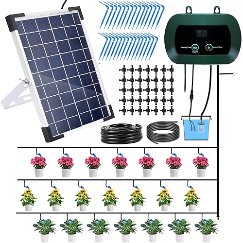 Lewisia Sistema de riego por goteo solar de 5 W con temporizador, kit de riego automático para jardín, camas elevadas, patio, césped, invernadero de