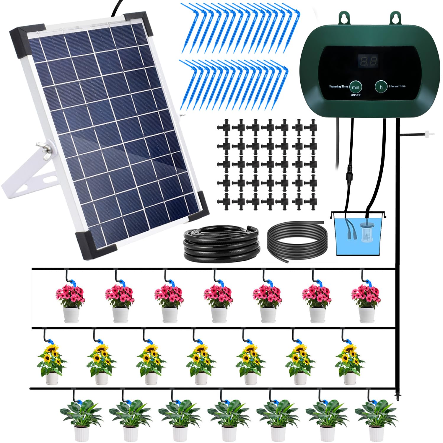 Lewisia Sistema solar de riego por goteo de 5 W con temporizador, kit de riego automático para jardín, camas elevadas, patio, césped, invernadero, hasta 30 plantas