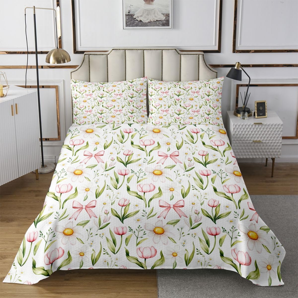 Castle Fairy Pink Bows Quilt Sets King Size,Watercolor Bowknot Bedspread Coverlet 3Pcs for Teens Women Adults Room Decor,Beauty Bow Knot Bedding QuiltsCoquette Coverlet Sets,2 Pillowcases