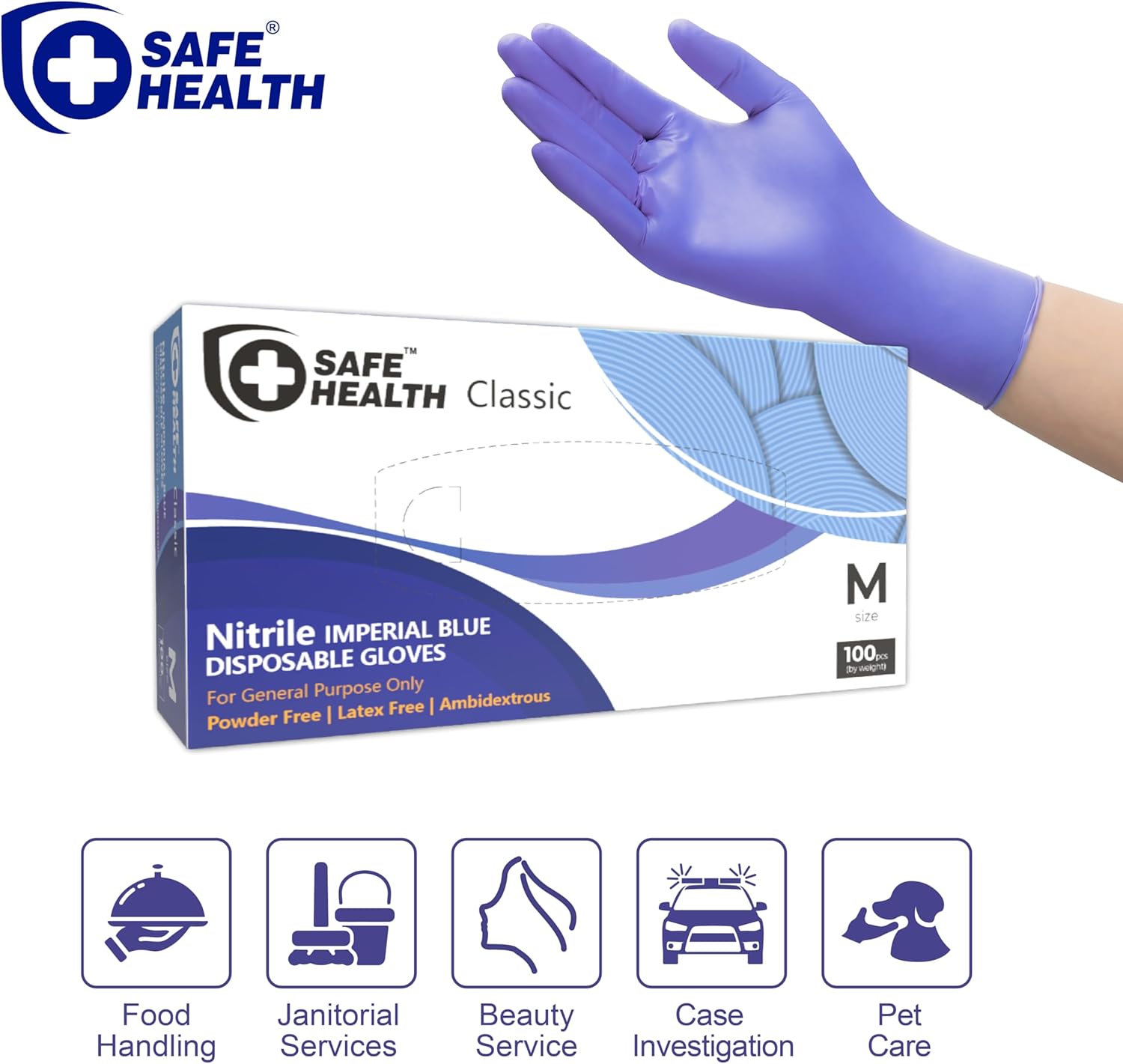 Safe Health Nitrile Disposable Gloves, 3.5 Mil, Imperial Blue, Powder Free, Latex Free, Tattoo, Beauty, Salon, Car