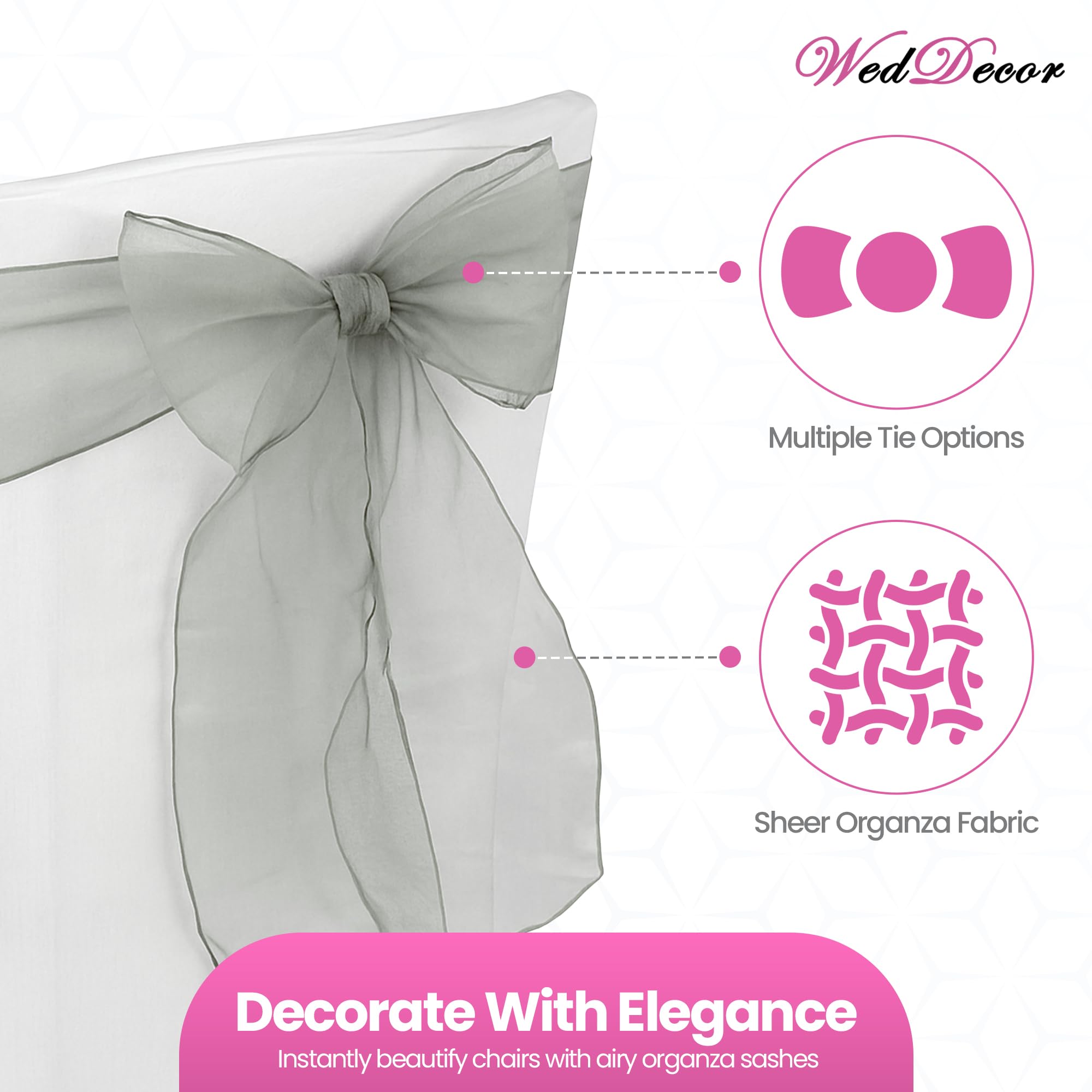 WedDecor Organza Écharpe pour Housses Chaise Fuller Nœud Rubans en Or Ancien pour Banquet, Anniversaire, Anniverysary, Noël Fêtes,Événement Décoration,17cm x 280cm - Argent