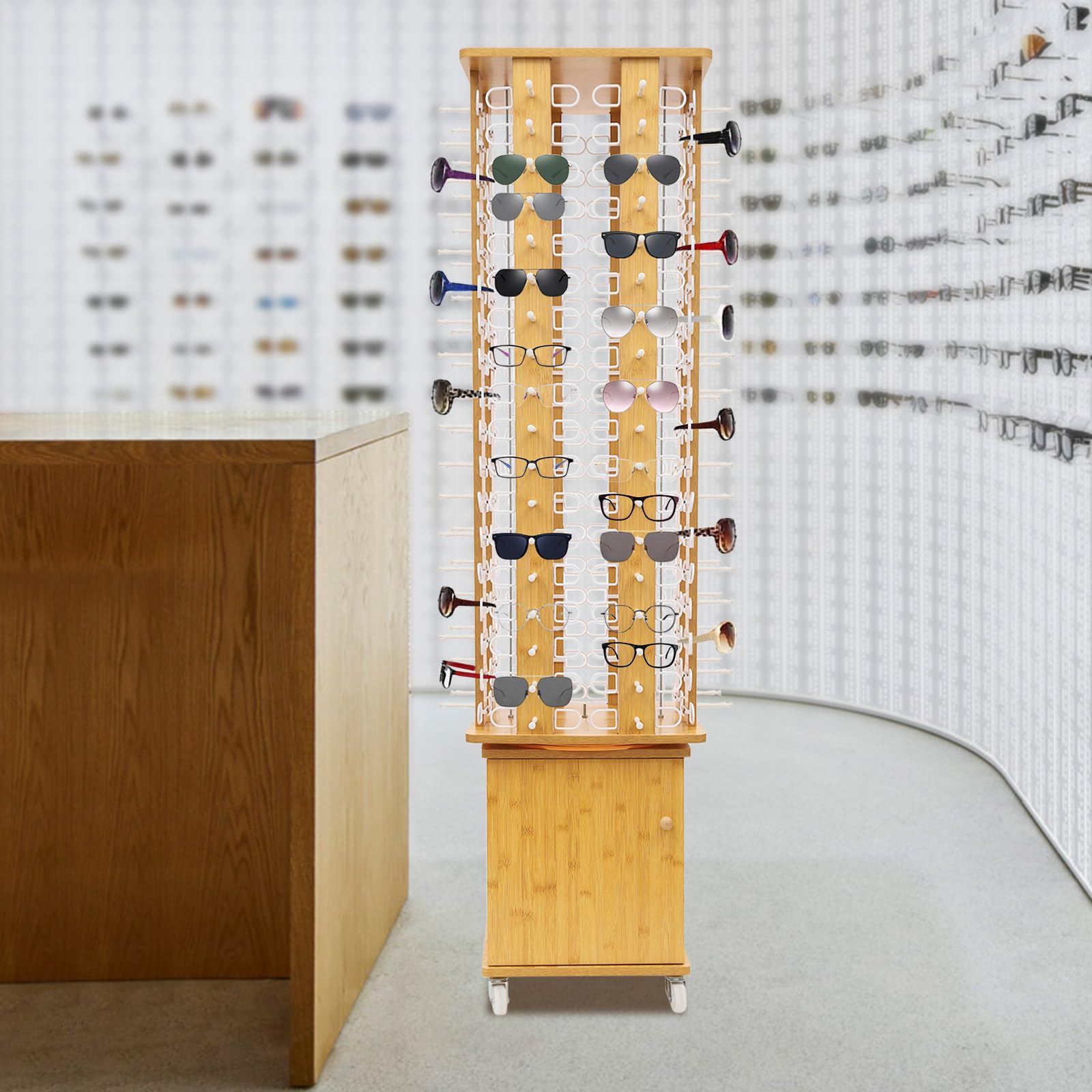 HAPPCUCOE 360° Rotating Sunglasses Retail Display Rack,144 Pairs Floor Standing Eyeglass Holder, 4-Sided Eyeglass Display Rack with Storage Cabinet and 4 Swivel Wheels (Wood Color)