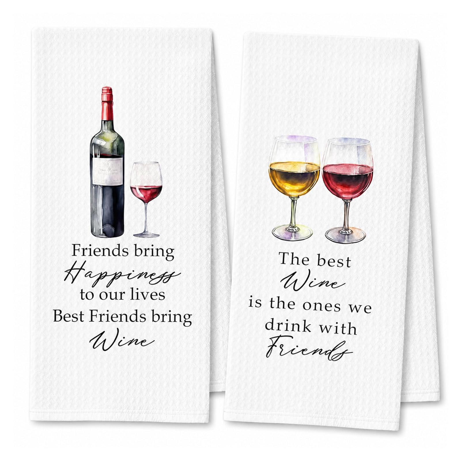 Friends and Wine Kitchen Towels Set of 2, Friendship Captions Tea Towels