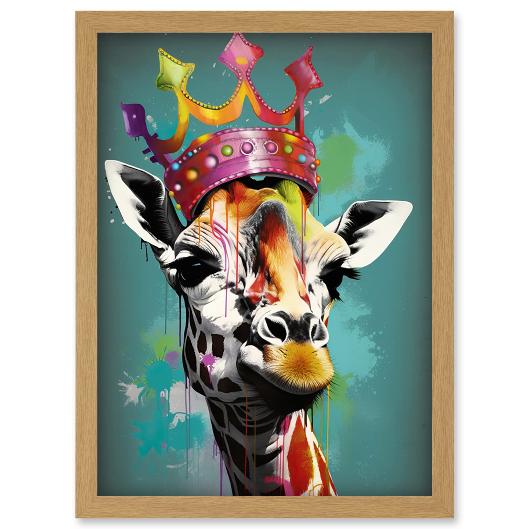 Artery8 Giraffe Wearing Rainbow Crown King Queen Pop Art Artwork Framed Wall Art Print A4