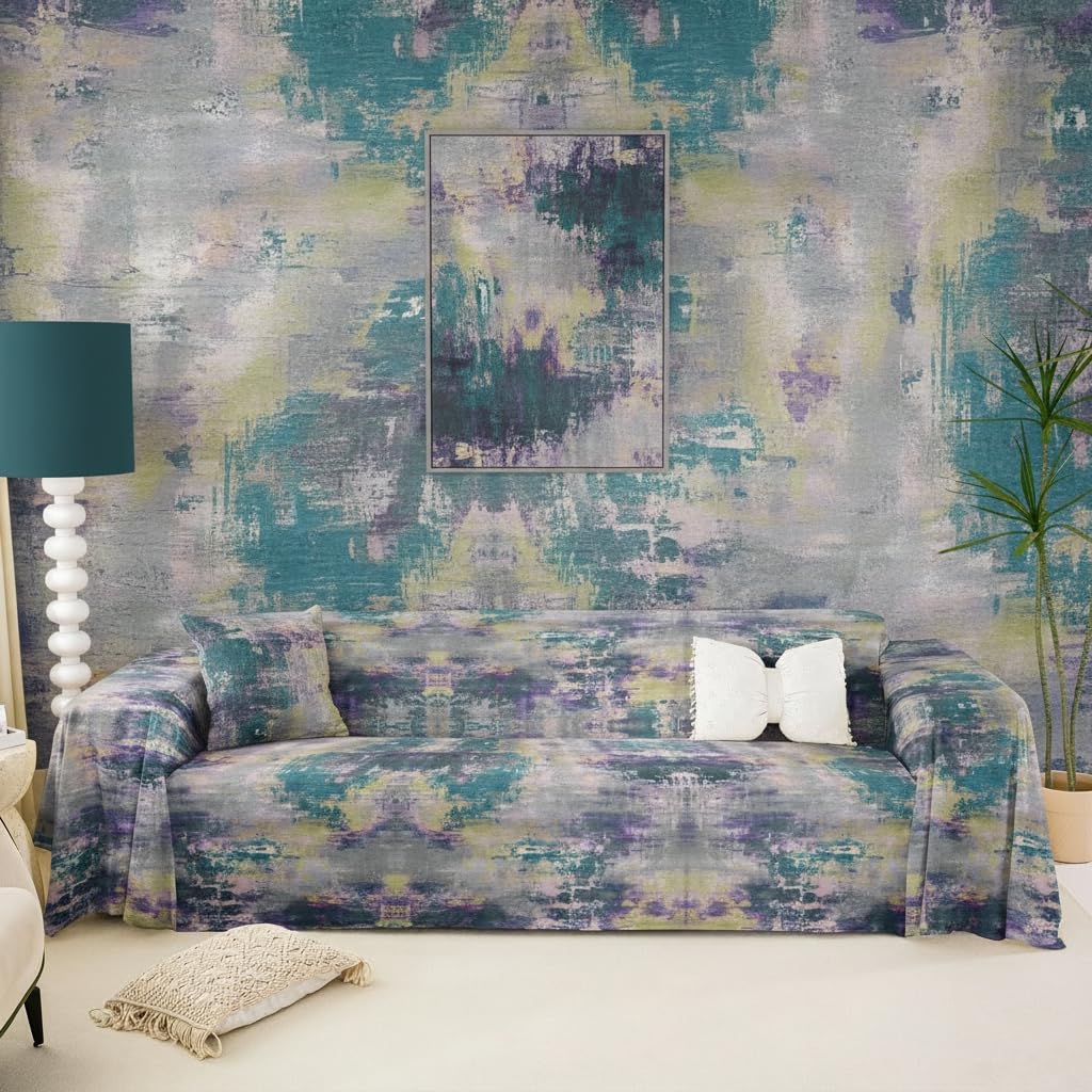 Erosebridal Watercolor Couch Cover Modern Abstract Sofa Cover Ombre Gradient Tie Dye Batik Couch Protector Gradient Grunge Washable Non Slip Sofa Slipcover (Purple Yellow Green 71" x 91")