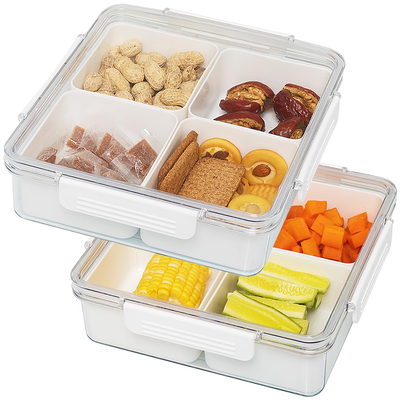 ADVcer 2pack Divided Serving Tray with Lid, 4 Compartment Removable Snack Boxes Fruit Food Storage Containers, Snackle Vegetable Veggie Box Plastic Organizer for Fridge (8.7x8.7x3.0, Clear and White)