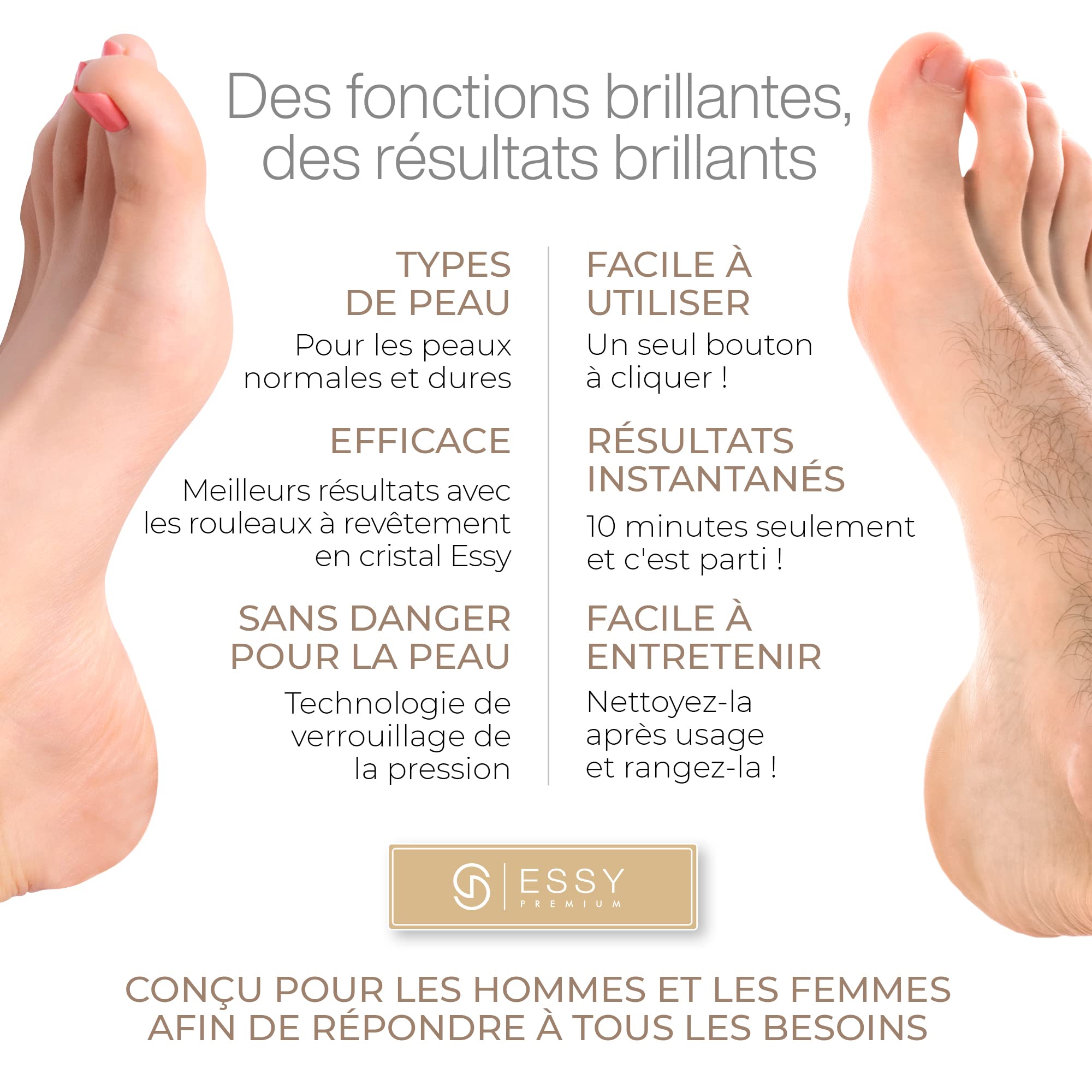 Essy Râpe à Pieds Électrique avec 5 Rouleaux de Remplacement, Ponceuse Rechargeable pour Élimination des Callosités, 2 Vitesses, Écran LED, Charge USB, Kit Pédicure (Blanc)