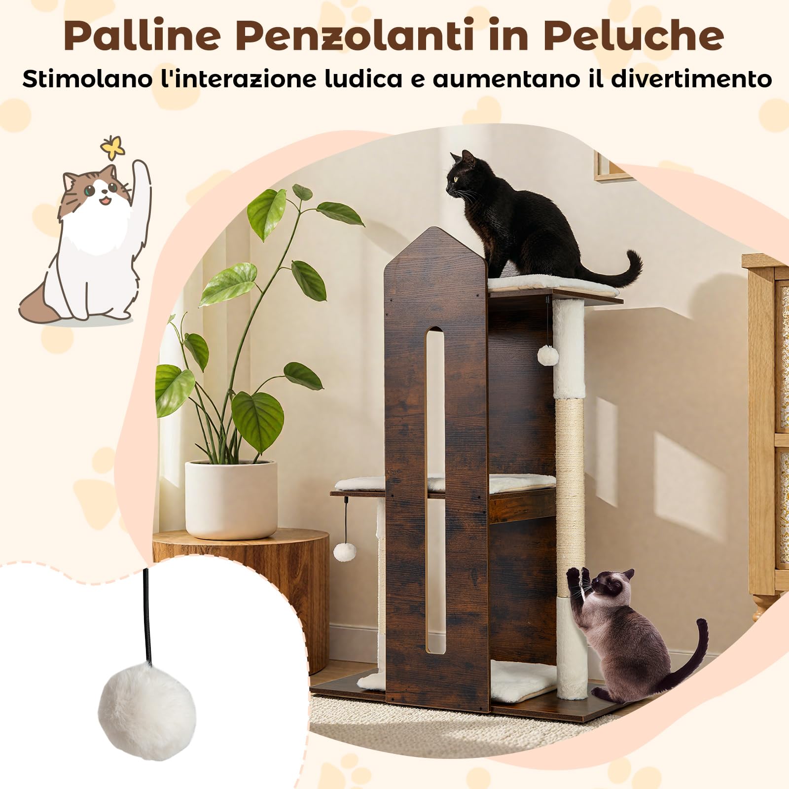 COSTWAY Albero per Gatti Alto 120 cm, Tiragraffi per Gattini in Legno con Posti Graffianti in Sisal, Palline Pendenti, Cuscini Morbidi e Piazzola, Tiragraffi Gatto per Arrampicata