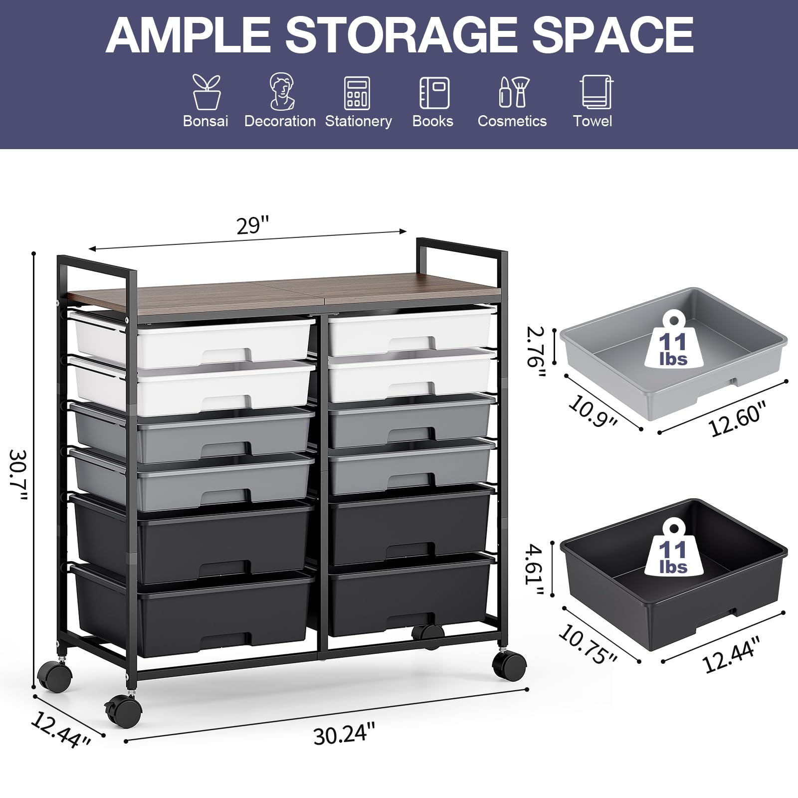 Carrito con 12 cajones - Rollcontainer - Carrito de almacenamiento para baño - en plástico, carrito multiuso para bricolaje, carrito de herramientas y almacenamiento con encimera imitación madera