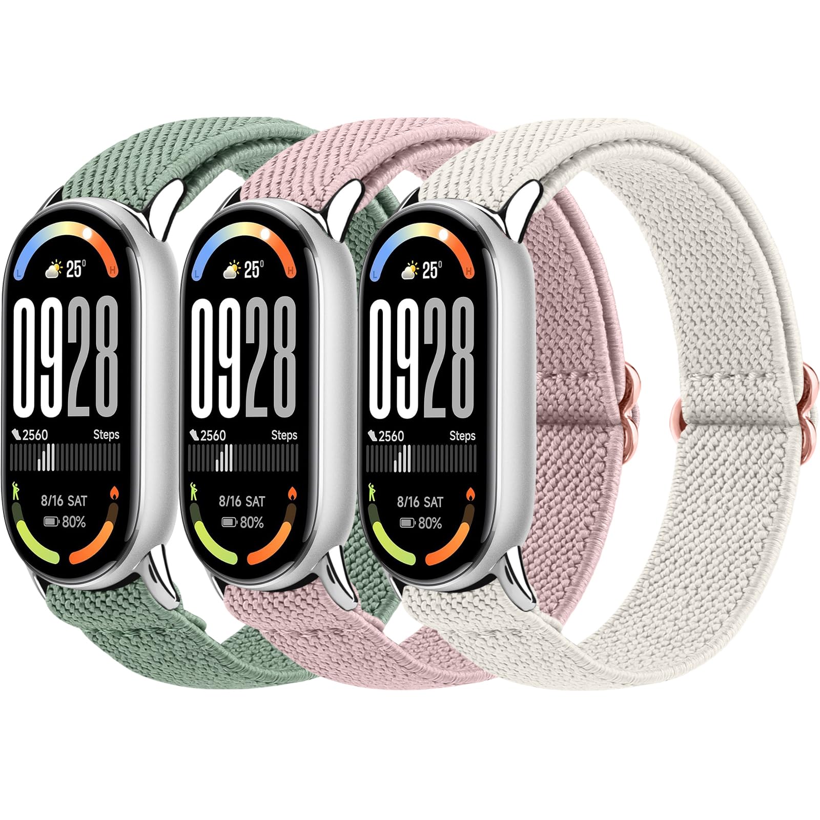 Oumida Pack of 3 Elastic Wristbands for Xiaomi Smart Band 8/9/10 Bracelets Women Men, Robust Metal Head, Improved Nylon Watch Strap, Sports Replacement Strap for Xiaomi Mi Band 10/9/8