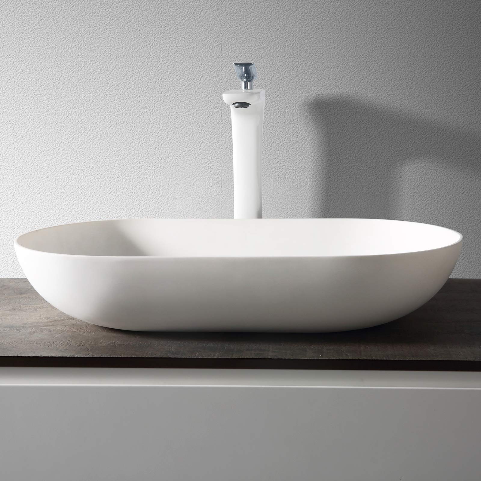 BERNSTEIN Aufsatzwaschbecken O-540 aus Mineralguss Solid Stone – Weiß matt, 54 x 34 x 10,5 cm – Waschbecken – Inkl. Pop-up-Ablaufventil – Waschtisch, Möbelwaschbecken, Handwaschbecken mit Blende