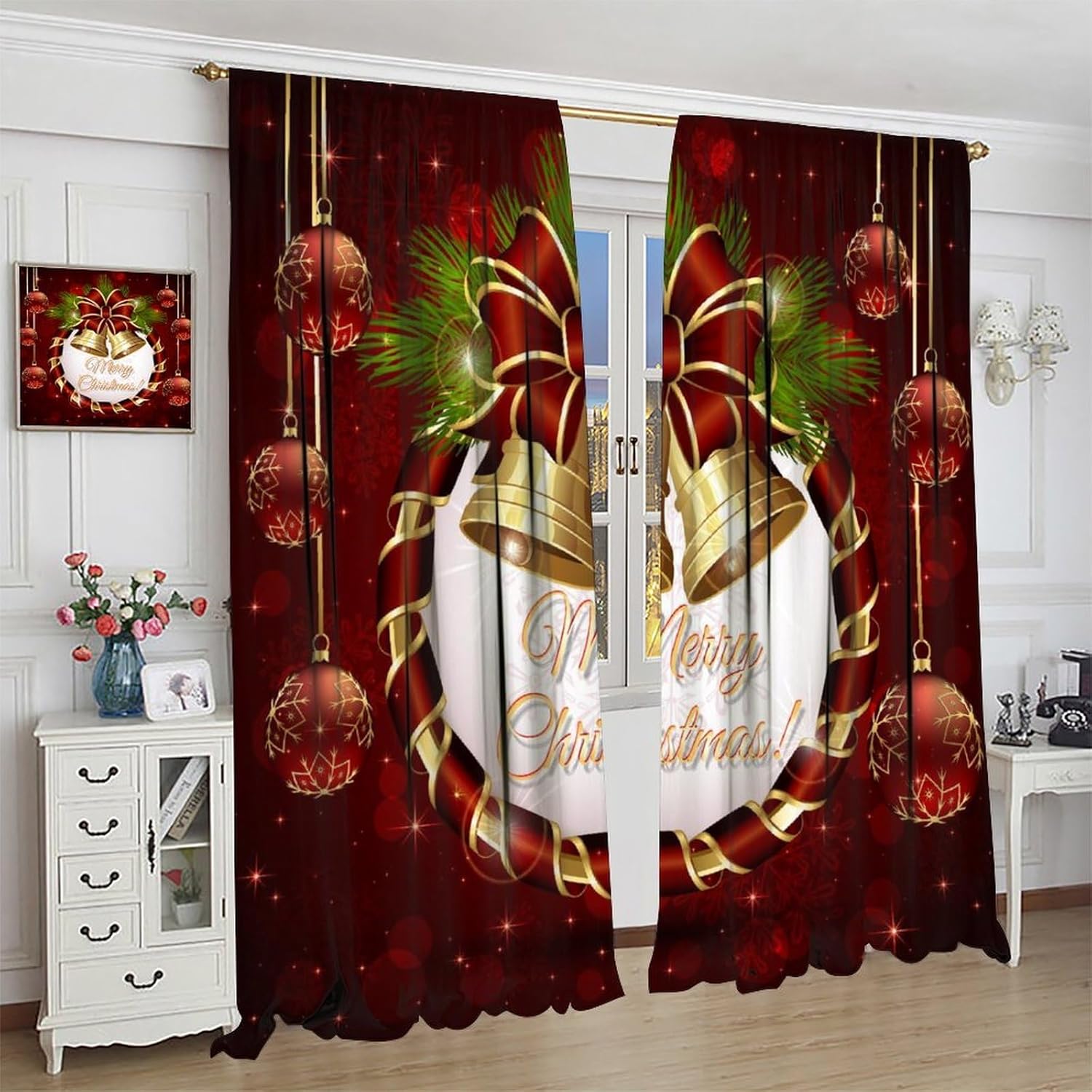 Christmas Small Bell Blackout Curtains, Vivid Fir Twigs Magenta Red Balls Celebrating Festivals in The West Bow Window Treatments for Kitchen Living Room Bedroom Drapes 63x63 Inch