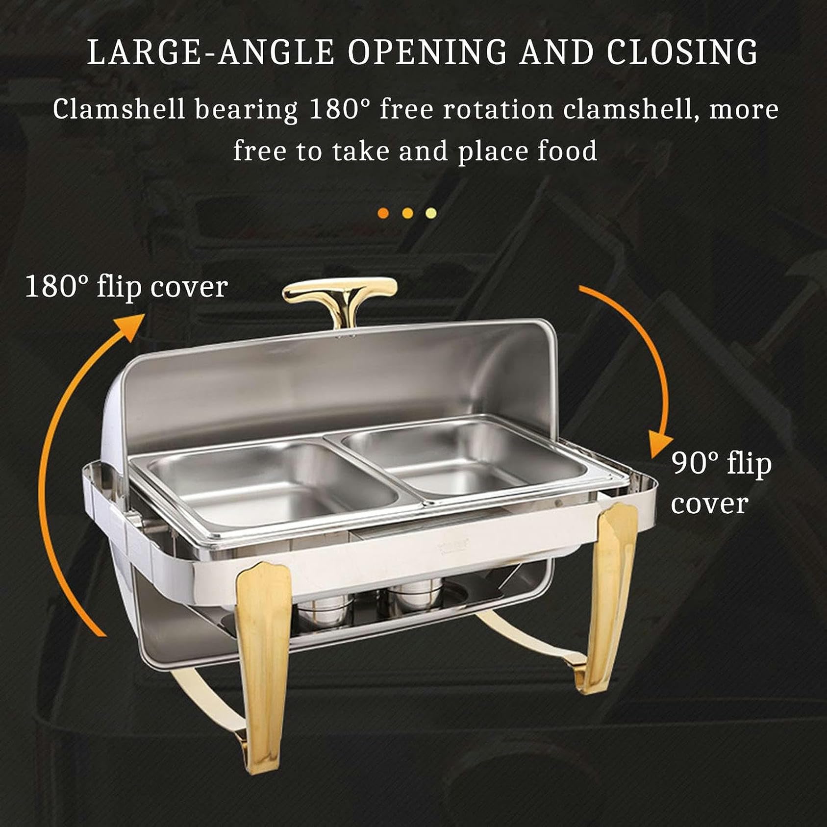 Chafing Dish in Acciaio Inossidabile, Vassoio riscaldante per Buffet Placcato Oro da 9 Litri con Coperchio Girevole a 180° e Porta-combustibile, per cene, Feste, Matrimoni, Eventi