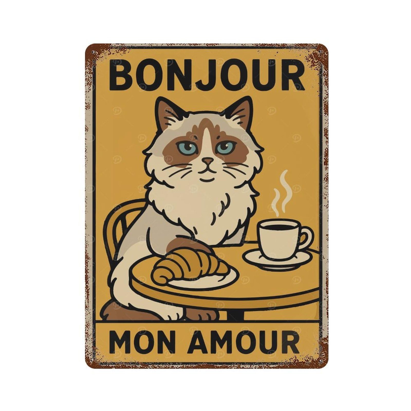 Bonjour Mon Amour Cat Illustration Retro Metal Sign 15.7"x11.8", Vintage Wall Decor for Garage, Pub Or Kitchen