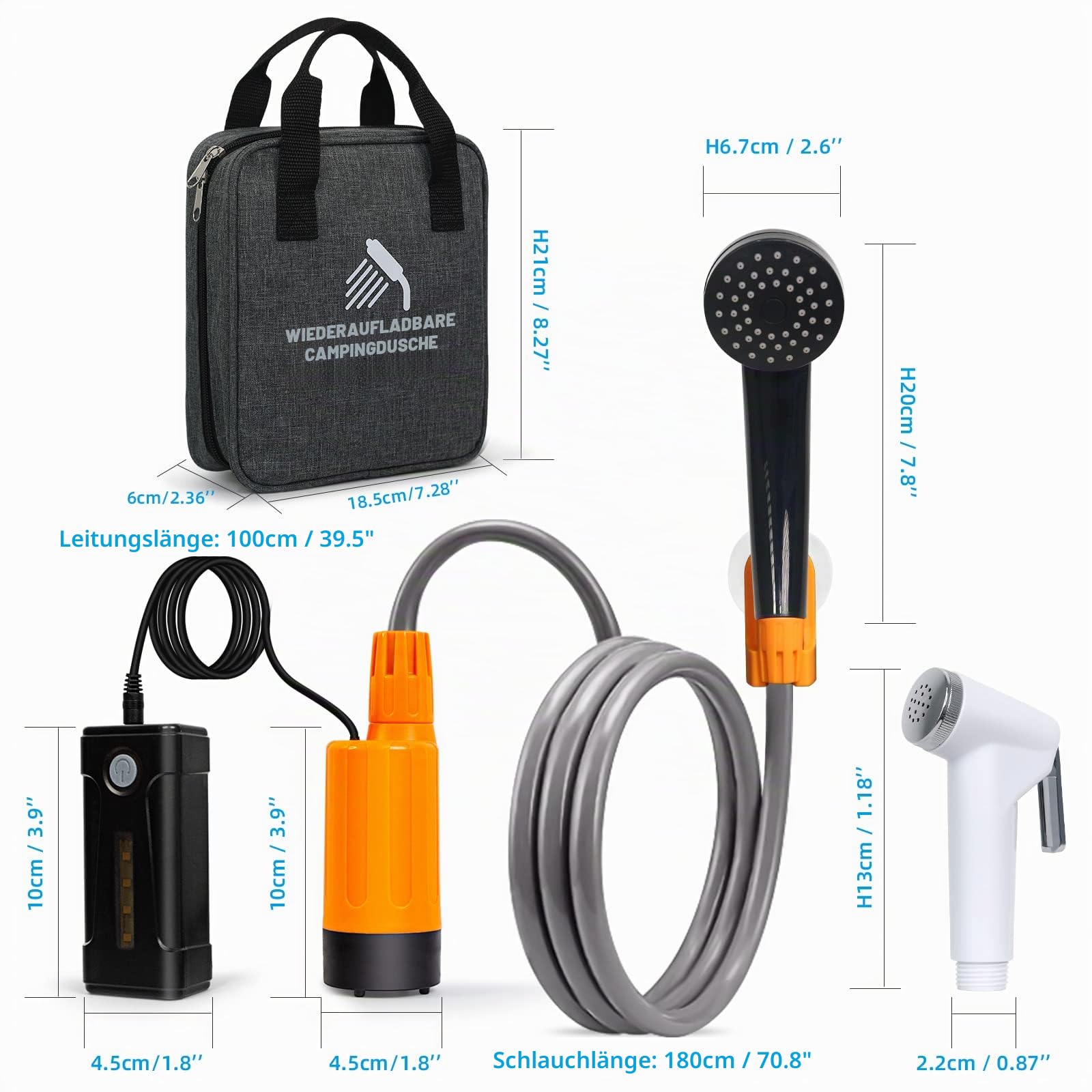 tragbare Campingdusche，LED-Licht，abnehmbare Batterie Camping Duschpumpe, tragbarer Outdoor Duschkopf, Wasserpumpe aus Eimer in stabilen und milden Duschkopf, verwendet für Camping und Reisen