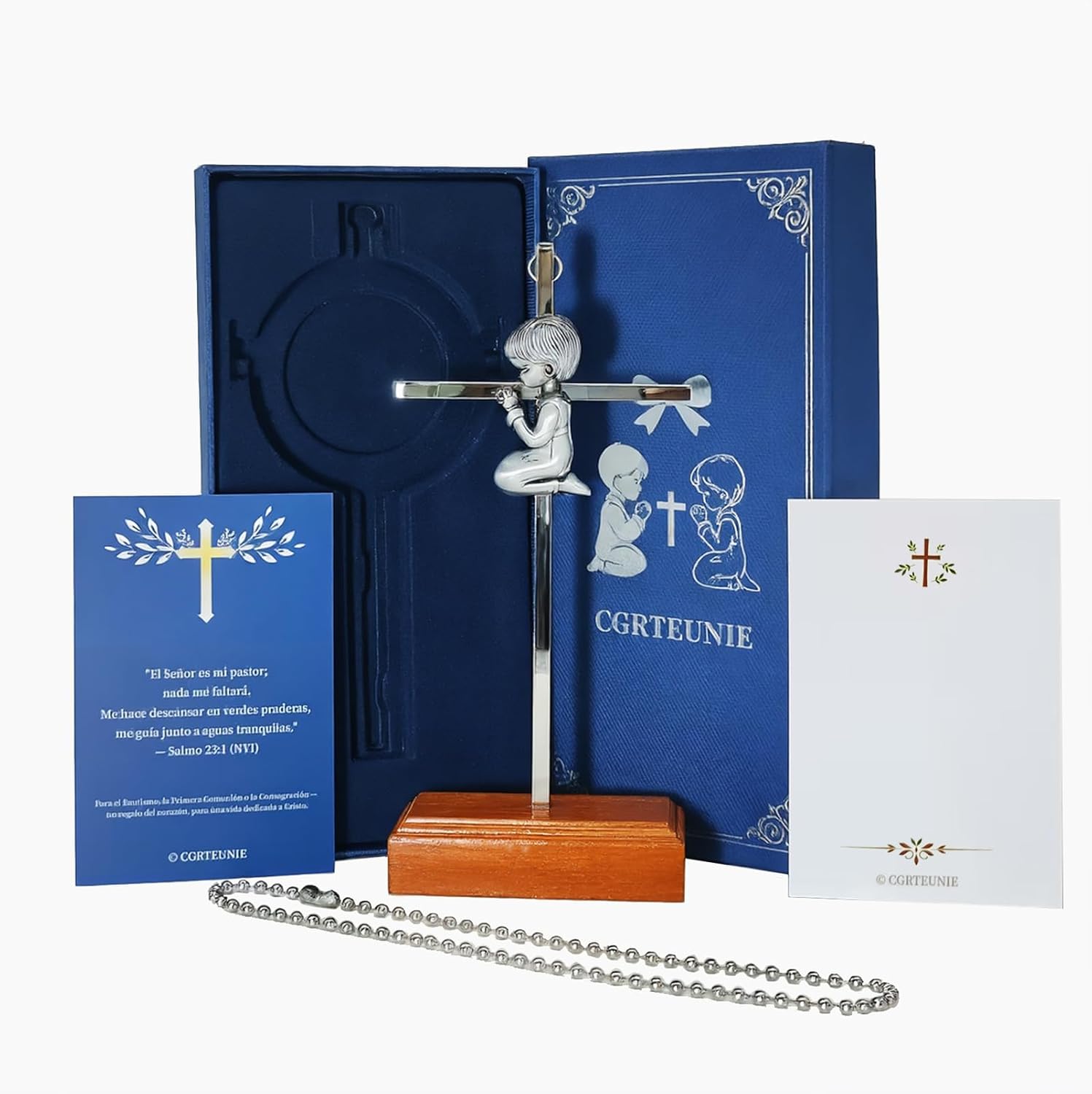 CGRTEUNIE 7 Inch Stainless Steel Cross for Girls | Wooden Stand, Baptism Gift Set, Rosary Beads & Prayer Card, First Communion Keepsake, Premium Box