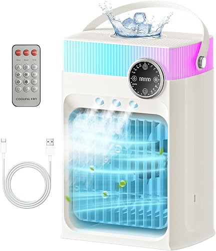 Portable Air Conditioners, Mini Portable AC Unit for Bedroom, 1200ML Small Cooling Fan with Remote, 3 Mist, 3 Speed, 8 Light, 2-8H Timer Personal Cooler Fans for Office Camping Car Desk(Pure White)