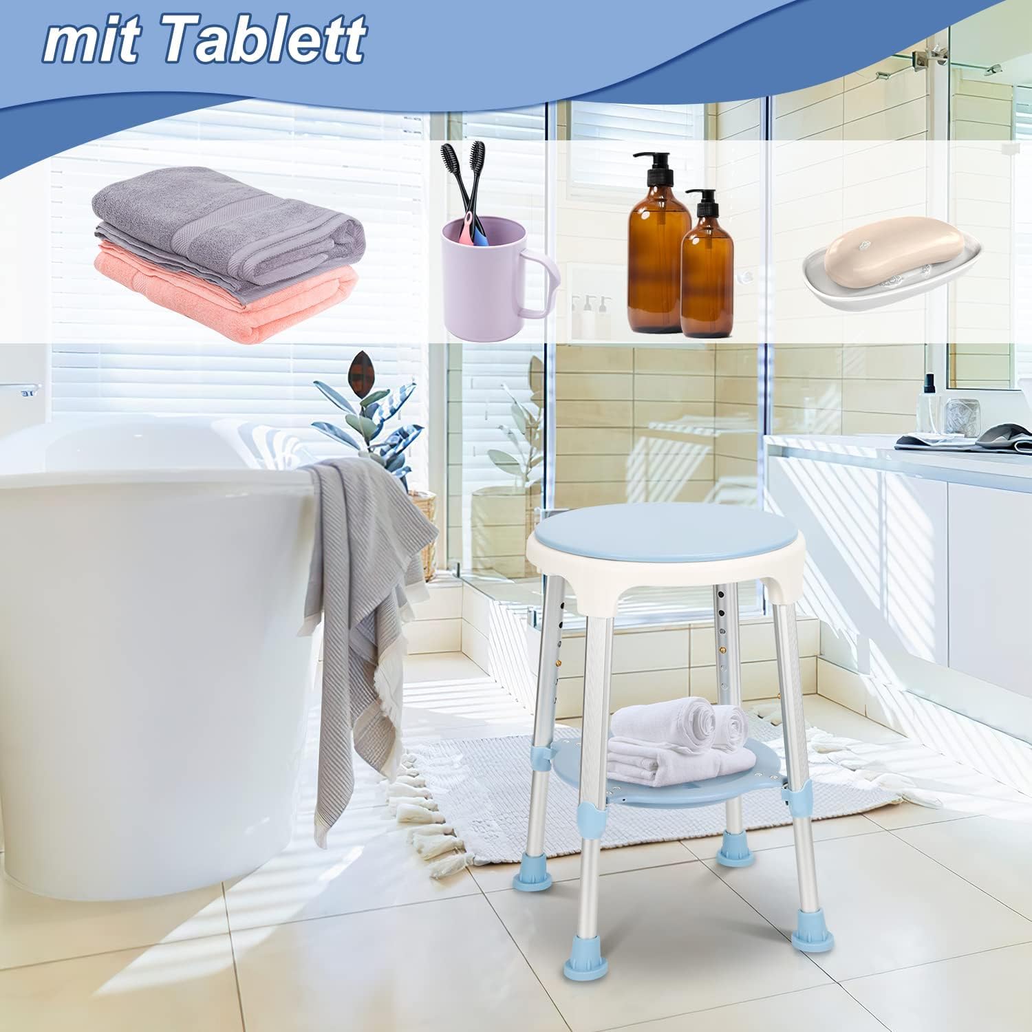 Taboret prysznicowy, krzesło prysznicowe, obracane o 360°, stołek łazienkowy, taboret z miejscem do przechowywania, regulacja wysokości 42-54 cm, obciążenie 136 kg, stabilny taboret łazienkowy