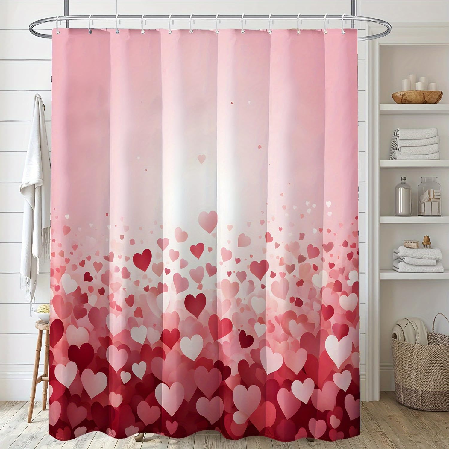 GLWDMB 1 Piece 90x180CM Dreamy Red and Pink Heart Printed Shower Curtain With Hook, Polyester, for Windows And Walls, Bathtub, Bathroom, Machine Washable, All Season Universal