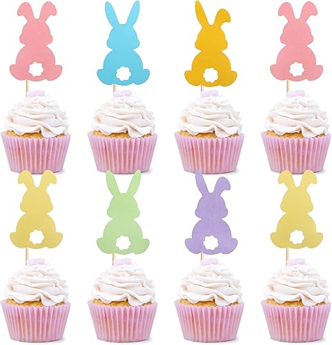 Ercadio 24 piezas coloridas de doble cara para conejos de Pascua para cupcakes de conejito de Pascua, decoración de pasteles, conejo, baby shower,