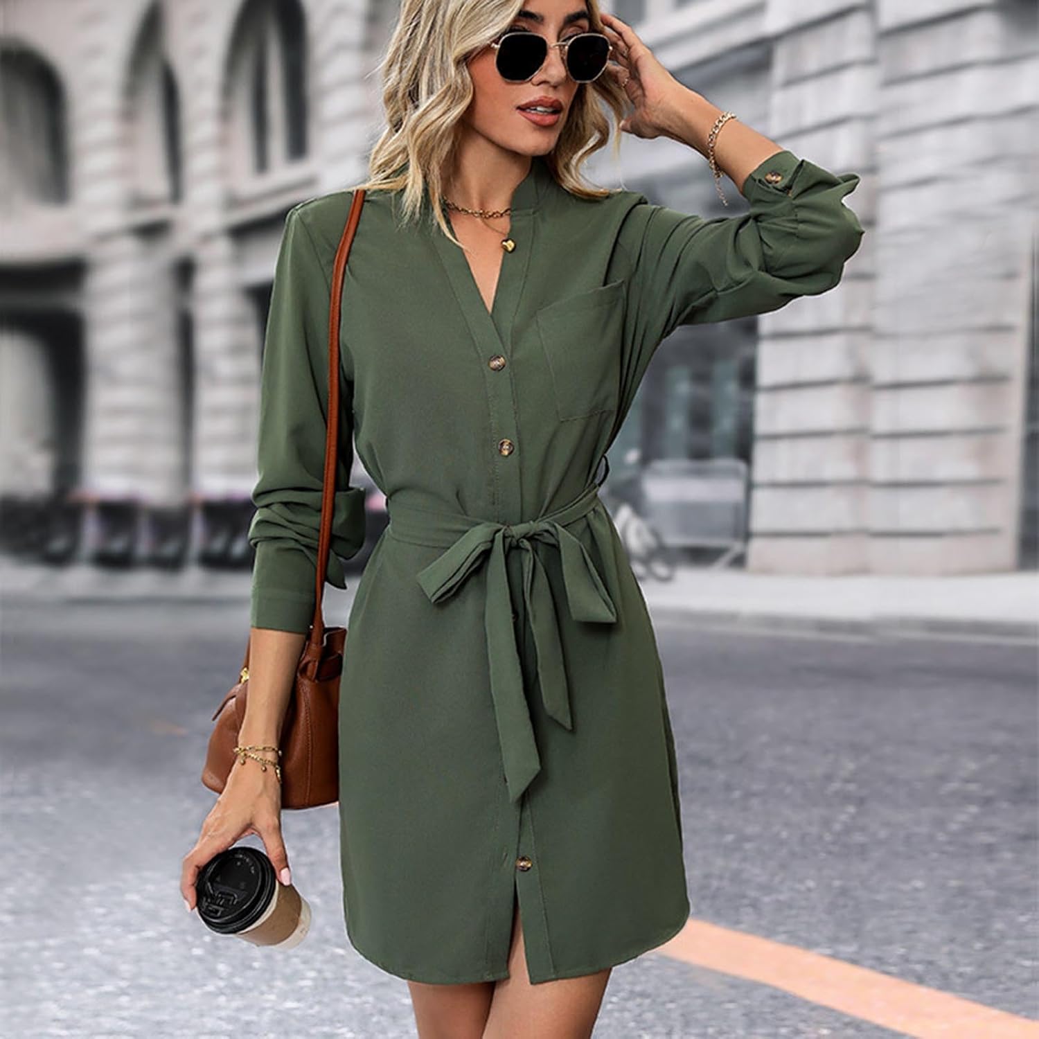 Green Button Down Dress for Women:Casual V-Neck Long Sleeve Belted Shirt Dresses Hiking Office Work Outfits