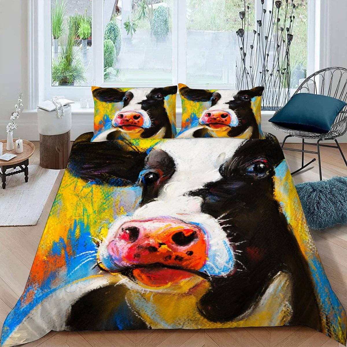 RFFLUX 3D Cows Super king size Duvet Cover Sets 3 Pieces 220x260 Soft Microfiber Abstract Oil Painting Cow Quilt Cover with Zipper Closure Easy Care Bed Set with 2 Pillowcase for Adults Room Decor — image 1