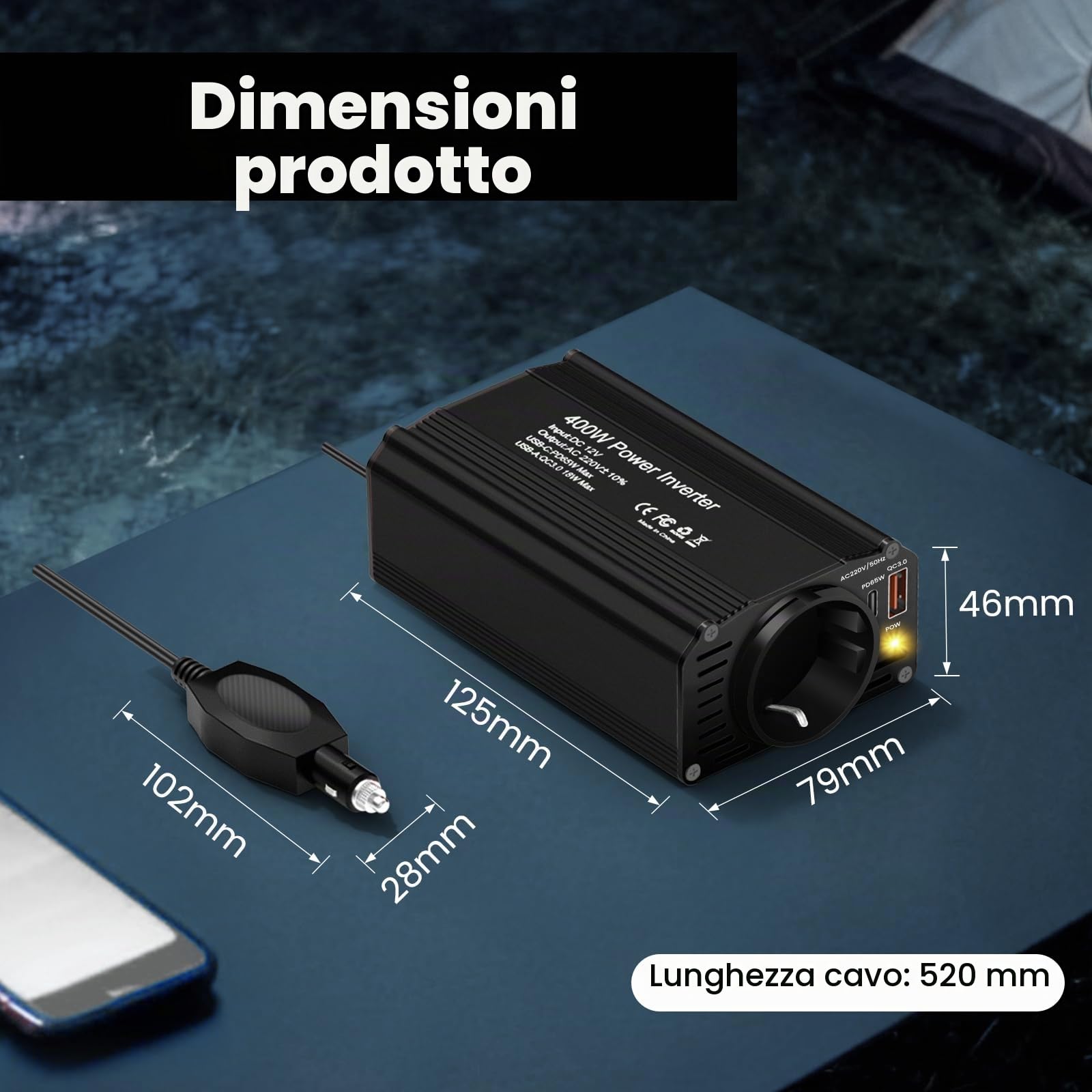 400w Invertitore Di Potenza Auto,Inverter 12 V 220 V Onda Pura, Premio Avec Allume Cigare,Con Pd65 W Usb-C, Qc3.0 Usb-A E 1 Presa, Supporto Per Ricarica Rapida E Con Interfaccia Per Accendini A Bordo