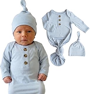 Caden Lane Newborn Knotted Gown with Hat, Soft Bamboo Viscose Baby Sack, Unisex Infant Breathable Night gown