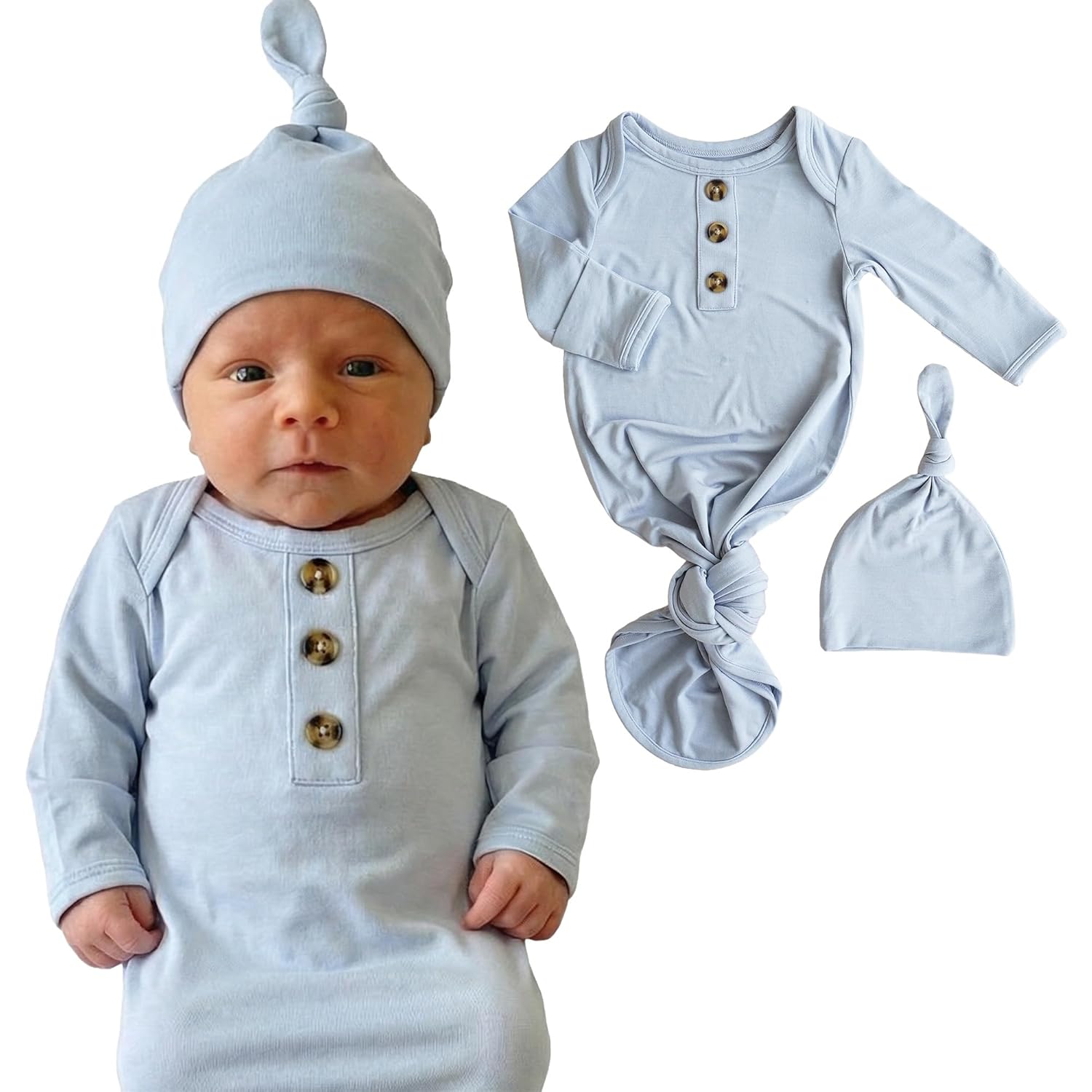 Caden Lane Newborn Knotted Gown with Hat, Soft Bamboo Viscose Baby Sack, Unisex Infant Breathable Night gown