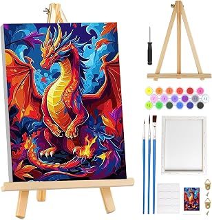 MOGTAA Dragon Paint by Numbers Kit for Adults Beginners with Frame, Animal Adult Paint by Number Kits on Canvas with Easel, Easy DIY Oil Painting Kits for Home Decor, 8x12in