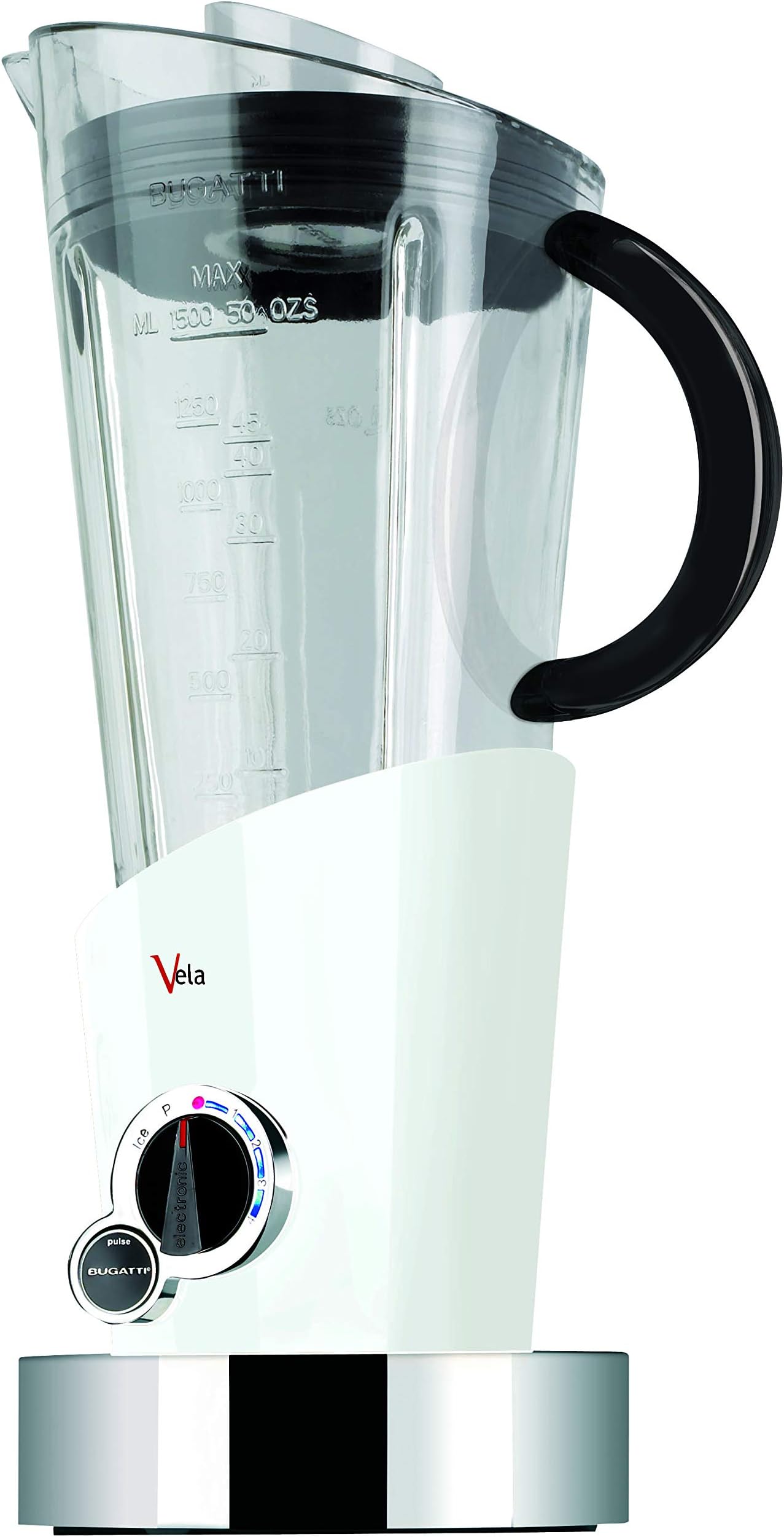 BUGATTI, Vela Evolution, Electric Blender for Milk Shakes and Smoothies, Ice Crusher Function Included, 4 Speeds, Capacity 1.5 Liter, 500 W, Innovative Design (White) [Energy Class A]