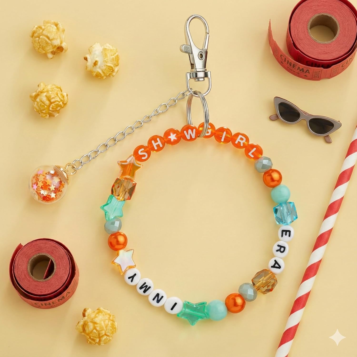 Coral Orange and Turquoise Blue Friendship Keychain Charm Bag, Beaded Stretch Keyring for Friends, Family, Elastic Layering Boho Jewelry, Christmas Easter Holiday Birthday Gifts image 2