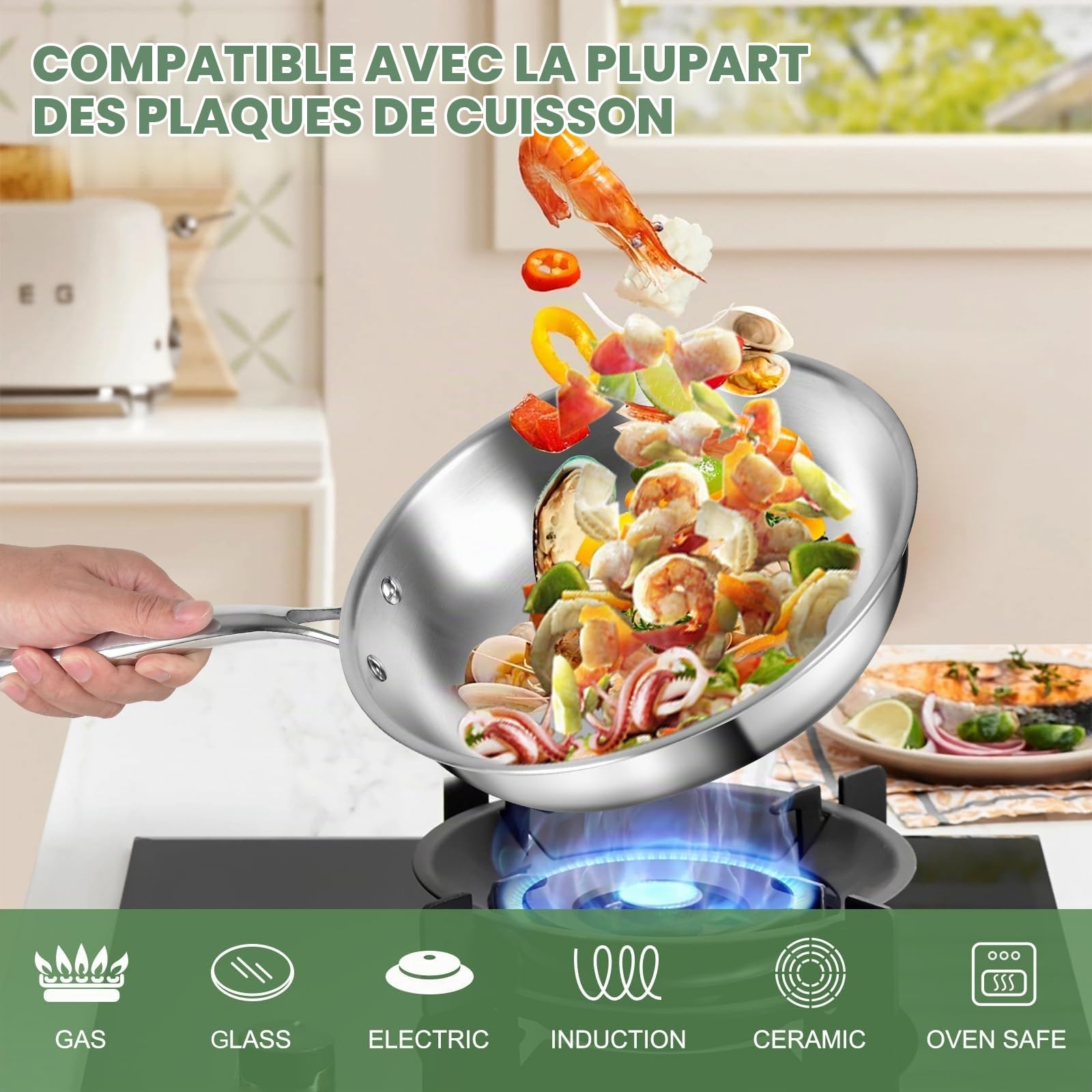 Ensemble de casseroles et poêles en acier inoxydable 3 plis – Batterie de cuisine 11 pièces avec couvercles en verre – Ensemble de casseroles et poêles à induction – Passe au four, sans PFOA, PTFE et