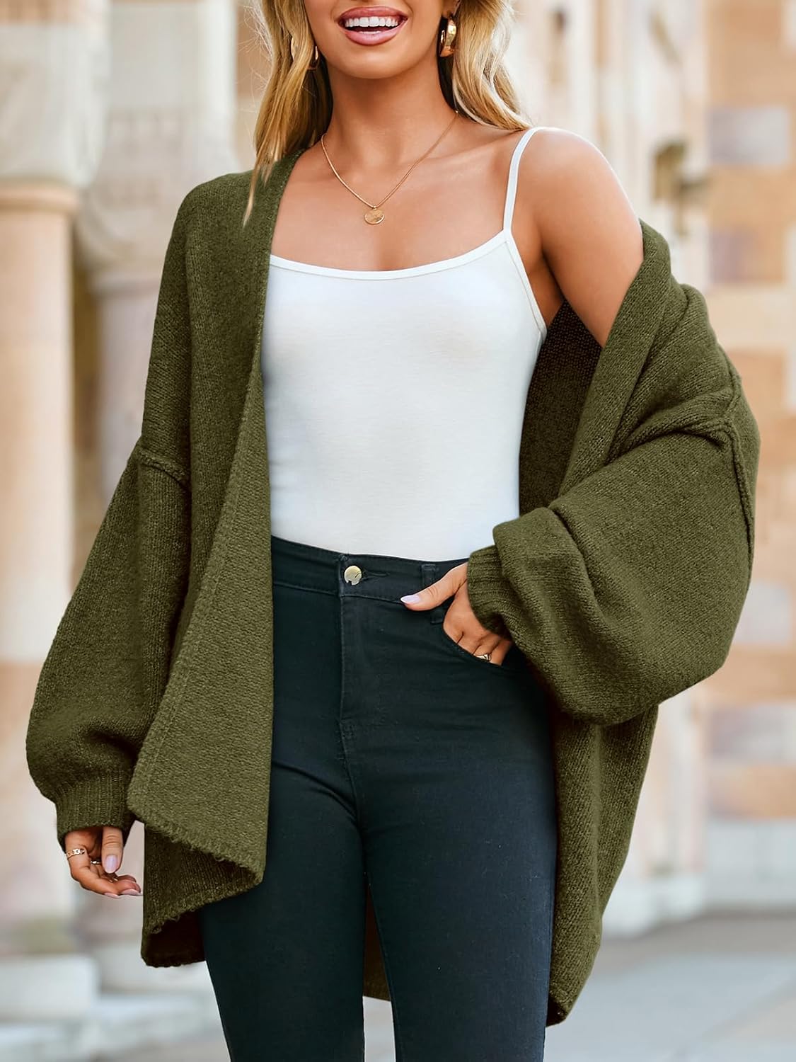 Saodimallsu Womens Oversized Cardigan Sweaters Open Front Chunky Knit Casual Long Lantern Sleeve Fall Sweater Coats - Image 4