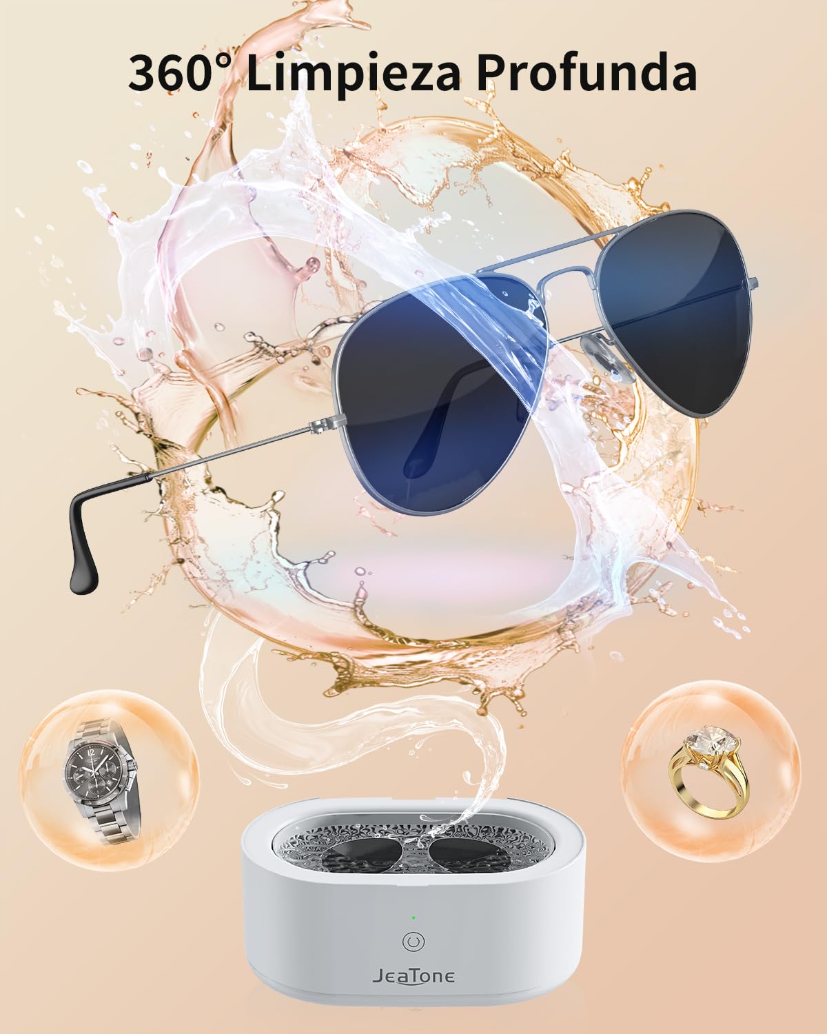 JeaTone Limpiador Ultrasónico, Limpiador Ultrasónico para Gafas 600ml 46KHz, Limpieza Profesional para prótesis Dentales, Retenedores, Alineadores y Artículos para el hogar como Gafas, Joyas, Relojes