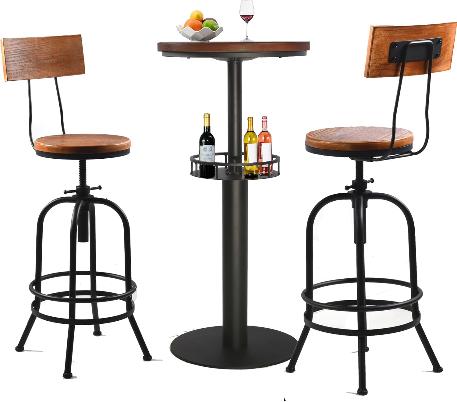 Diwhy 3 Piece Bar Set Industrial Style Adjustable Height Dia 19.7" Black Double Layer Bar Table and 2 Stools with Wood Backrest for Kitchen, Pub, Bistro