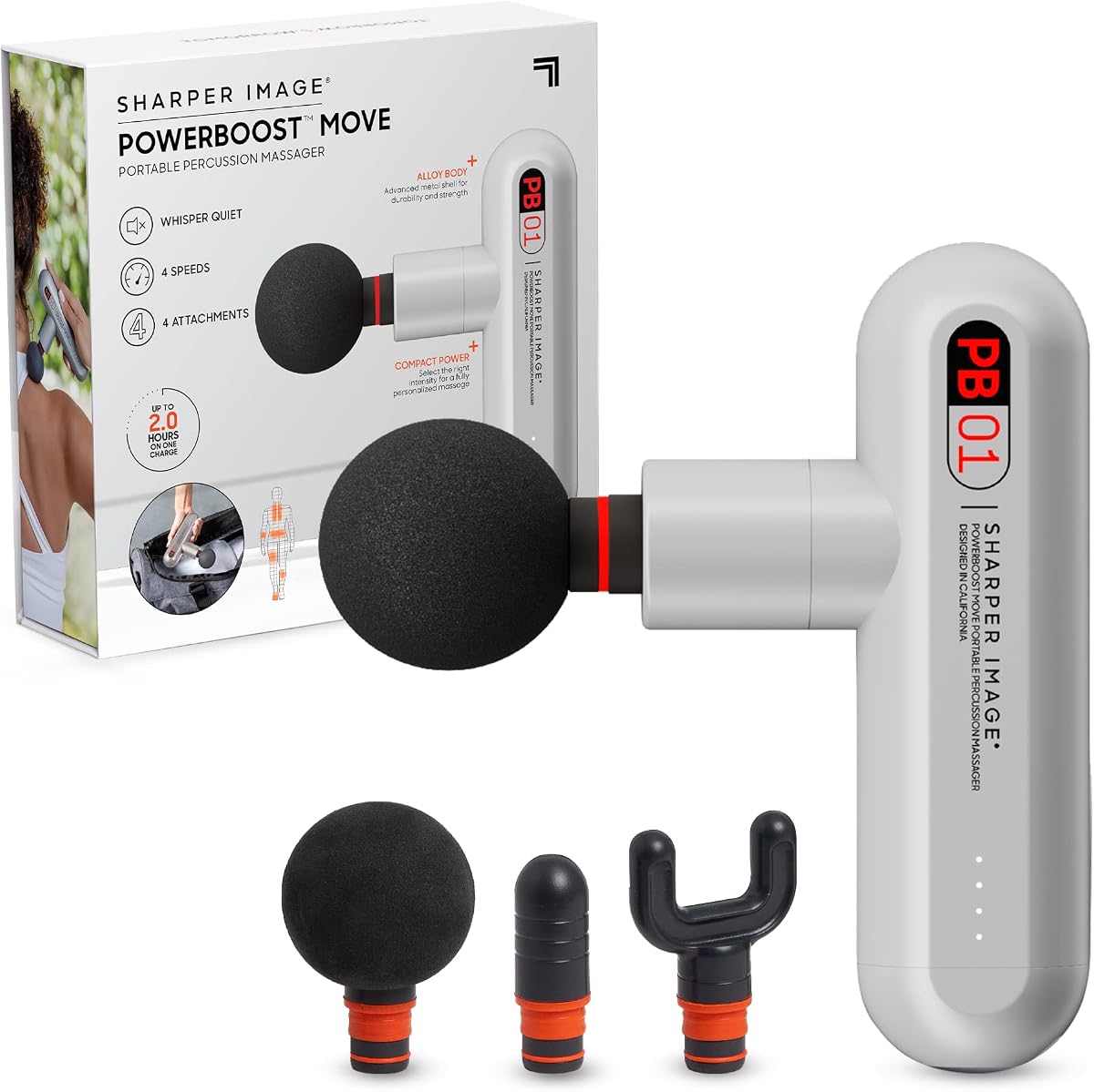 Powerboost Move - Mini Percussion Massage Gun| 4 Attachments, 4 Speeds, FSA Eligible| Full Body Back & Shoulder Massager| Deep Tissue Muscle Recovery| Portable Pain Relief Massage Tool