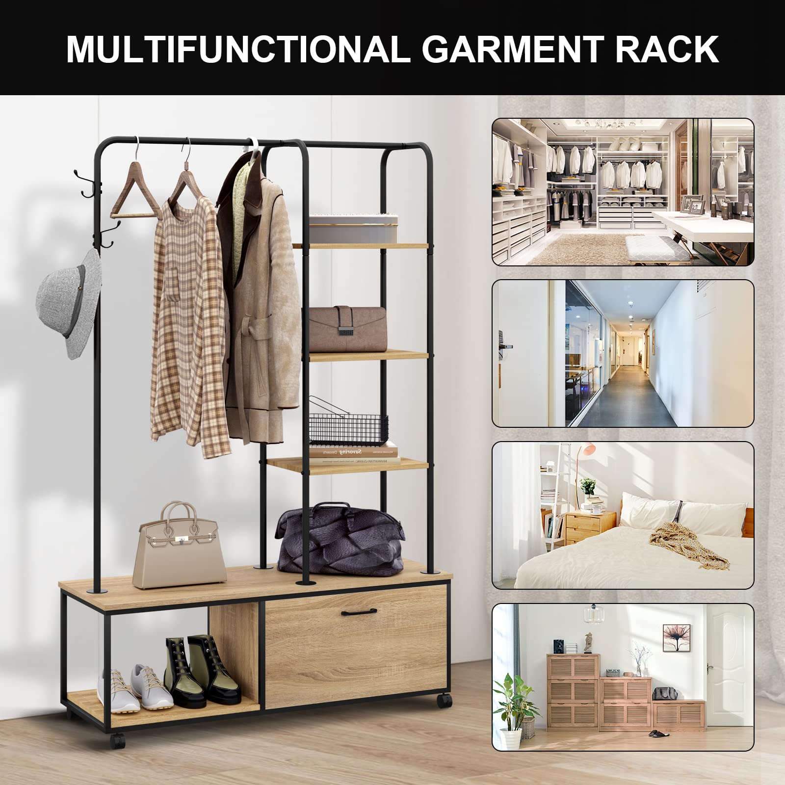 eSituro Perchero Ropa con 5 Estantes y Zapatero Industrial con Rueadas, para Entrada Recibidor con 3 Ganchos y 1 Armario con Puerta, Madera+Acero, Roble Claro + Negro