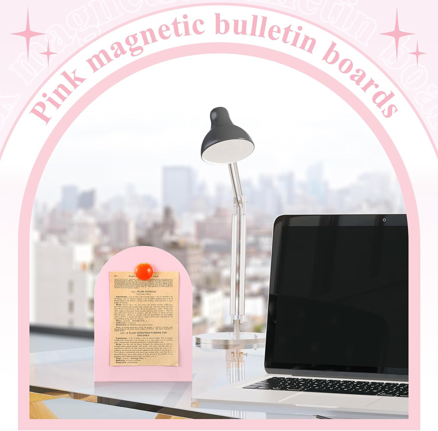 Shimeyao 2 Pcs Pink Magnetic Bulletin Board for Tabletops with 8 Magnets 10x7 Inch Memo Display Easel Stand for Home Office School Kitchen Table Supplies (Arched)