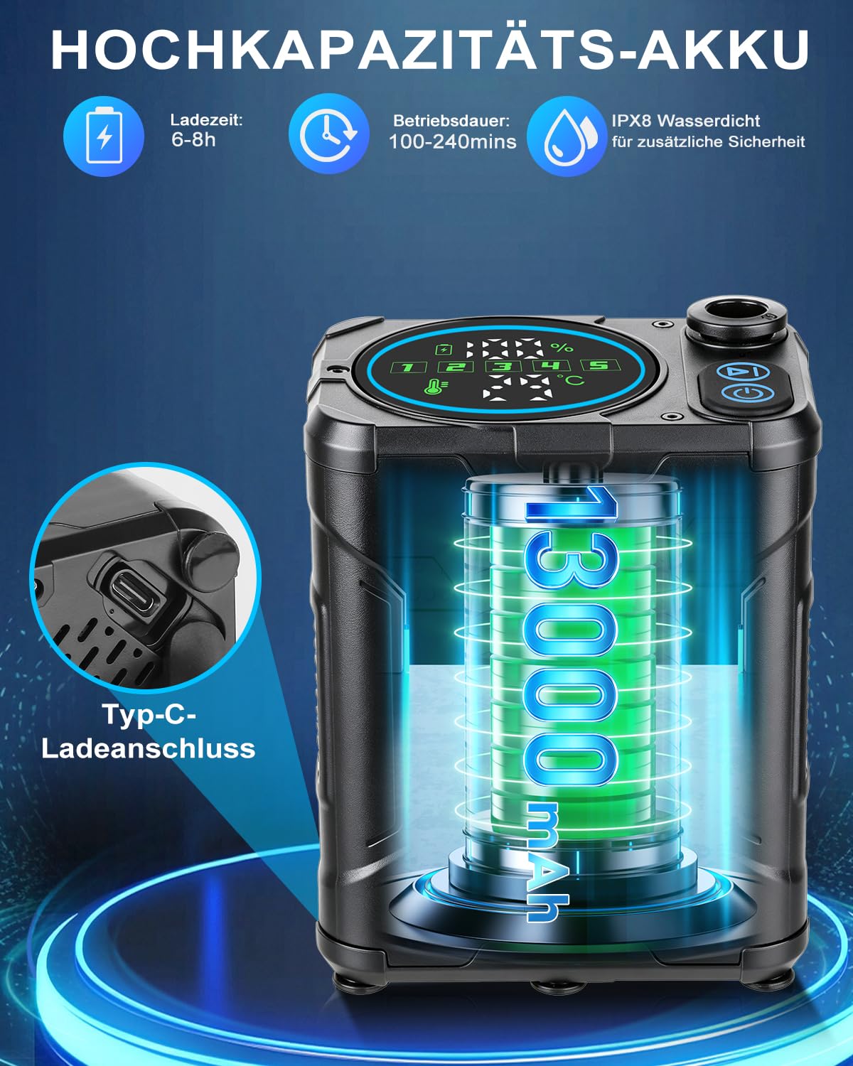 Tragbare Campingdusche mit 13000mAh EXTRA-LANGZEIT Akku, Mobile Outdoor Dusche mit Pumpe, Pausenfunktion & Temperaturanzeige für Mehrtägiges Camping, Mehrfache Tierwäsche & Langfristige Autowäsche
