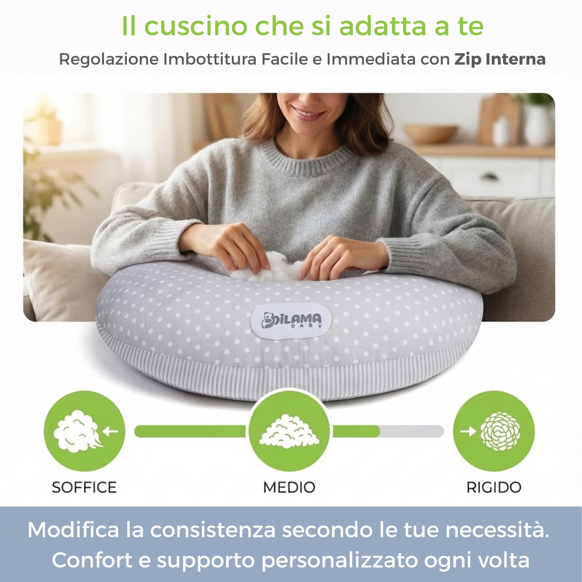 Dilamababy Cuscino Allattamento Neonato con 2 Federe Made in Italy - Imbottitura Regolabile, Laccetti per Massima Aderenza - Fodera 100% Cotone Lavabile e Sfoderabile