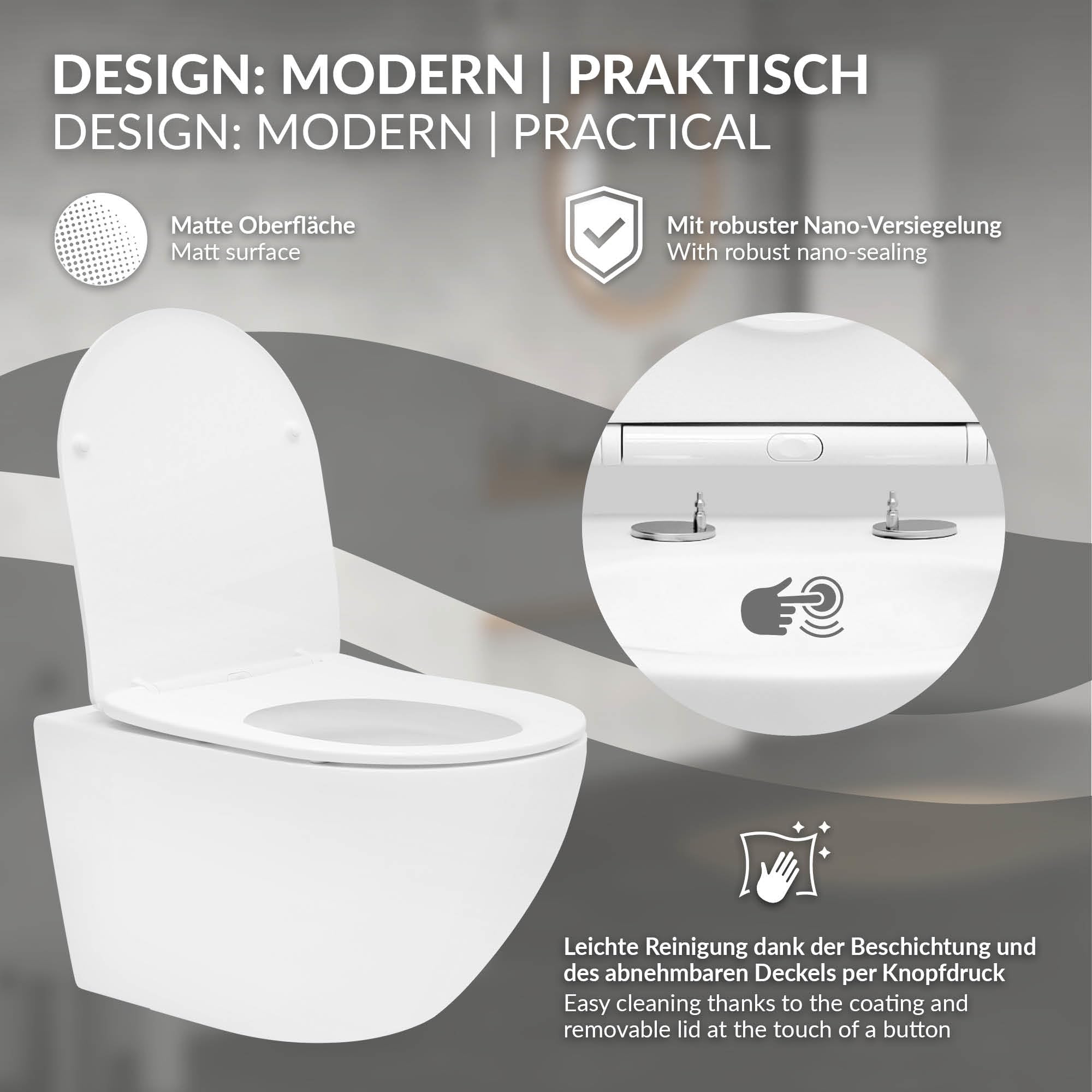 ECD Germany WC Sospeso a Muro senza Bordo Lungo 54 cm Bianco Opaco Nano Rivestimento Vaso Sospeso a Parete Sedile Estraibile Duroplast Chiusura Ammortizzata Toilette Sanitari Bagno con Effetto Loto